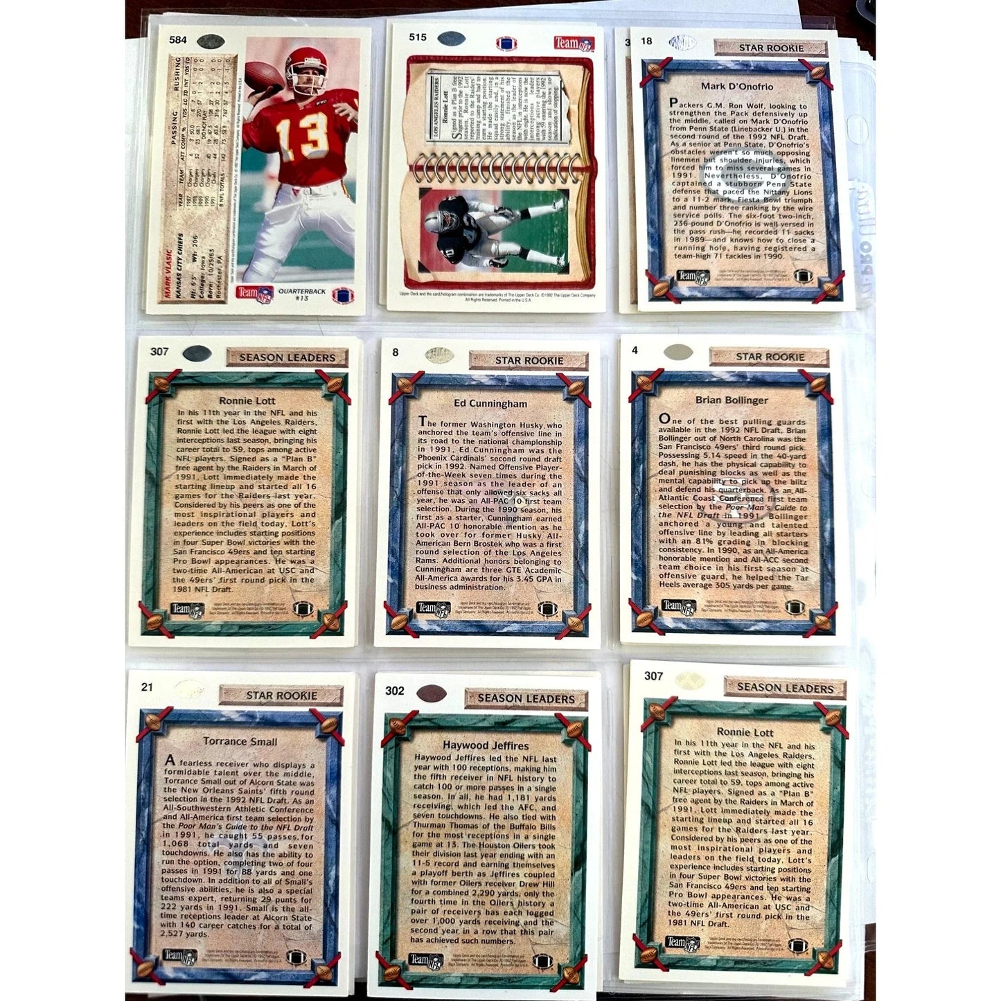 NFL Footbal Trading Cards - Various Years & Brands - 4 Binder Pages (front & back) - Upper Deck, Topps, Score, NFL Pro Set - Sports Collectibles - A+ Stuff