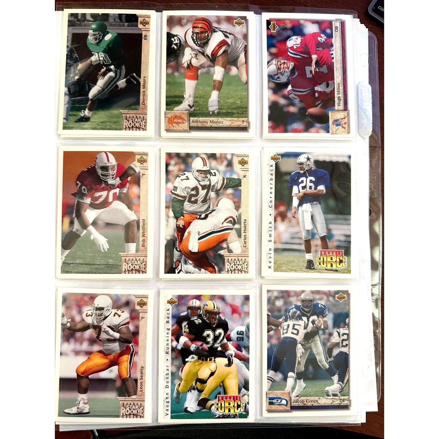 NFL Footbal Trading Cards - Various Years & Brands - 4 Binder Pages (front & back) - Upper Deck, Topps, Score, NFL Pro Set - Sports Collectibles - A+ Stuff