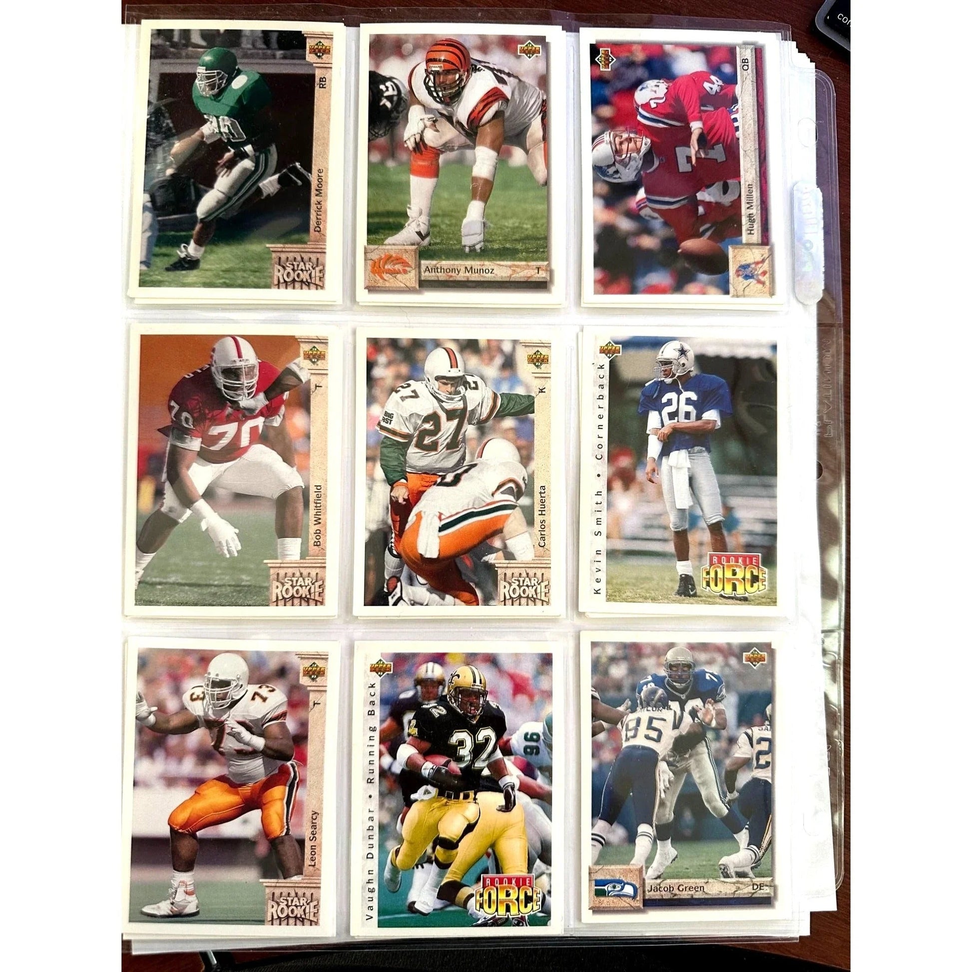 NFL Footbal Trading Cards - Various Years & Brands - 4 Binder Pages (front & back) - Upper Deck, Topps, Score, NFL Pro Set - Sports Collectibles - A+ Stuff