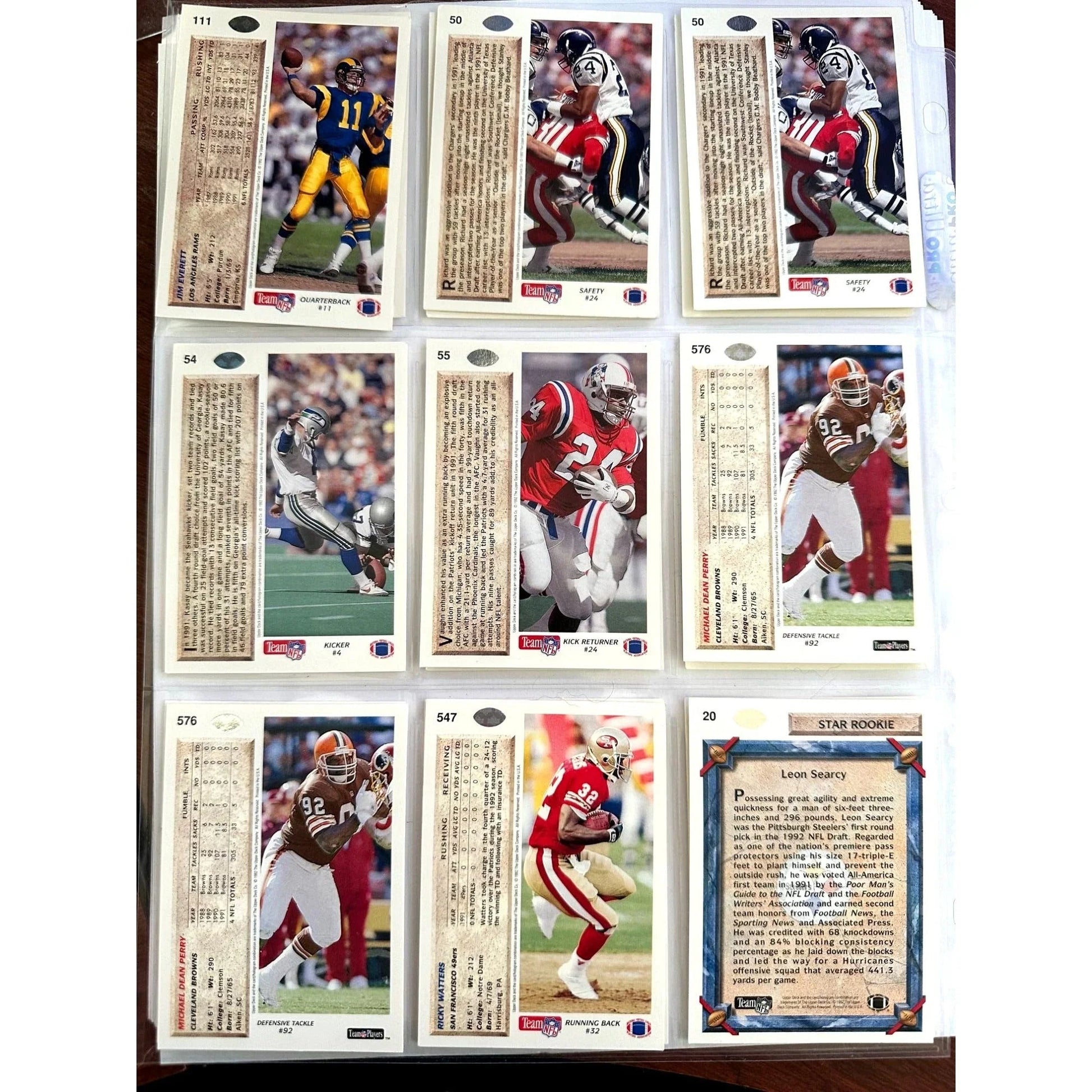 NFL Footbal Trading Cards - Various Years & Brands - 4 Binder Pages (front & back) - Upper Deck, Topps, Score, NFL Pro Set - Sports Collectibles - A+ Stuff