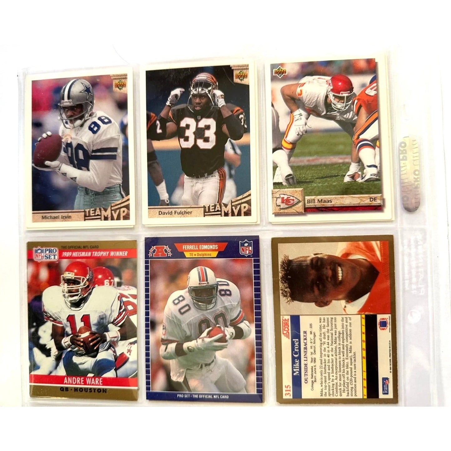 NFL Footbal Trading Cards - Various Years & Brands - 4 Binder Pages (front & back) - Upper Deck, Topps, Score, NFL Pro Set - Sports Collectibles - A+ Stuff
