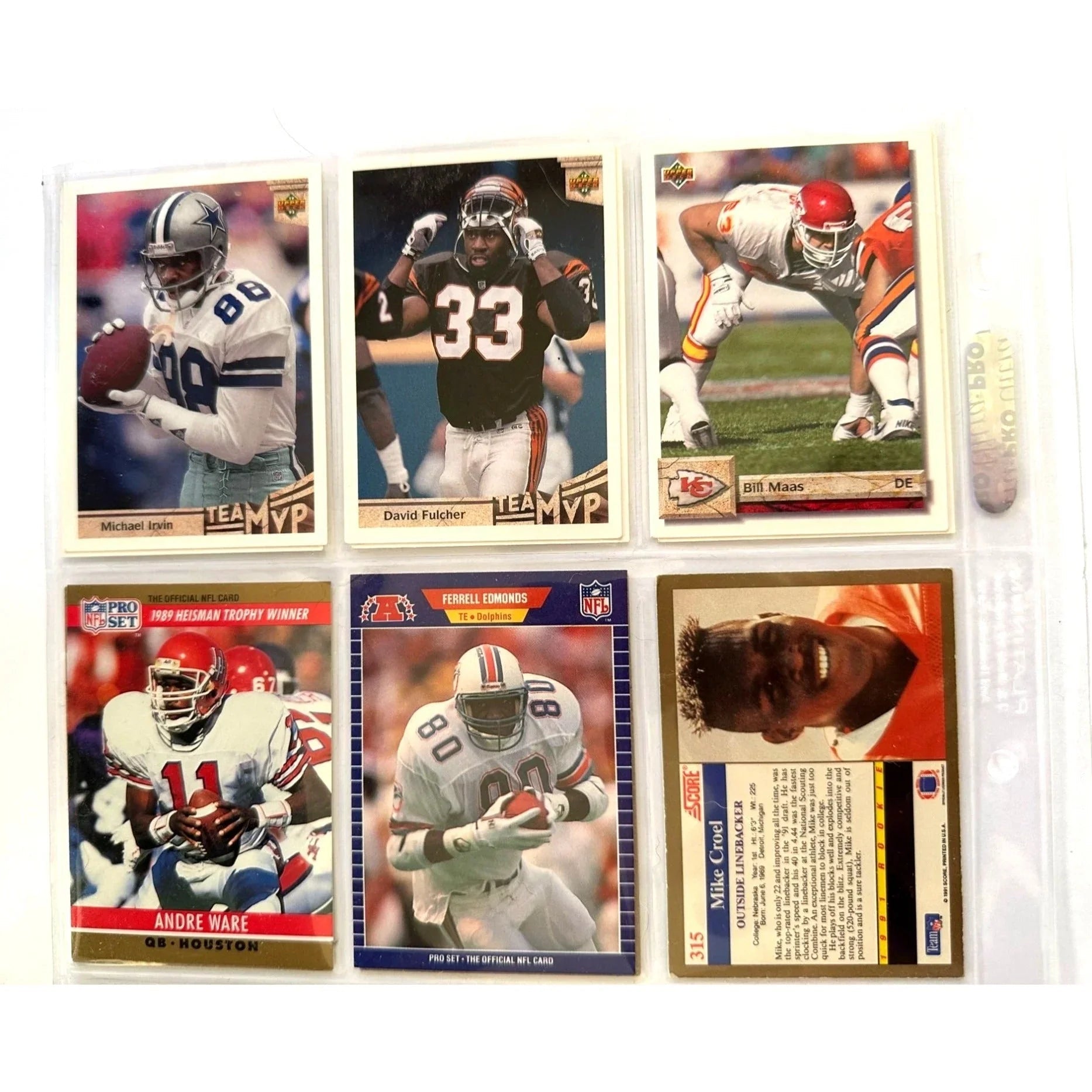 NFL Footbal Trading Cards - Various Years & Brands - 4 Binder Pages (front & back) - Upper Deck, Topps, Score, NFL Pro Set - Sports Collectibles - A+ Stuff