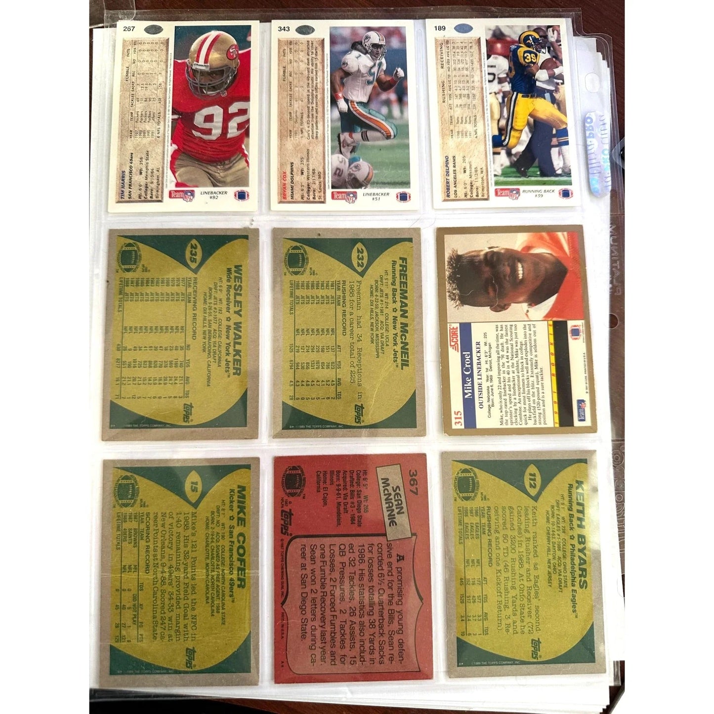 NFL Footbal Trading Cards - Various Years & Brands - 4 Binder Pages (front & back) - Upper Deck, Topps, Score, NFL Pro Set - Sports Collectibles - A+ Stuff