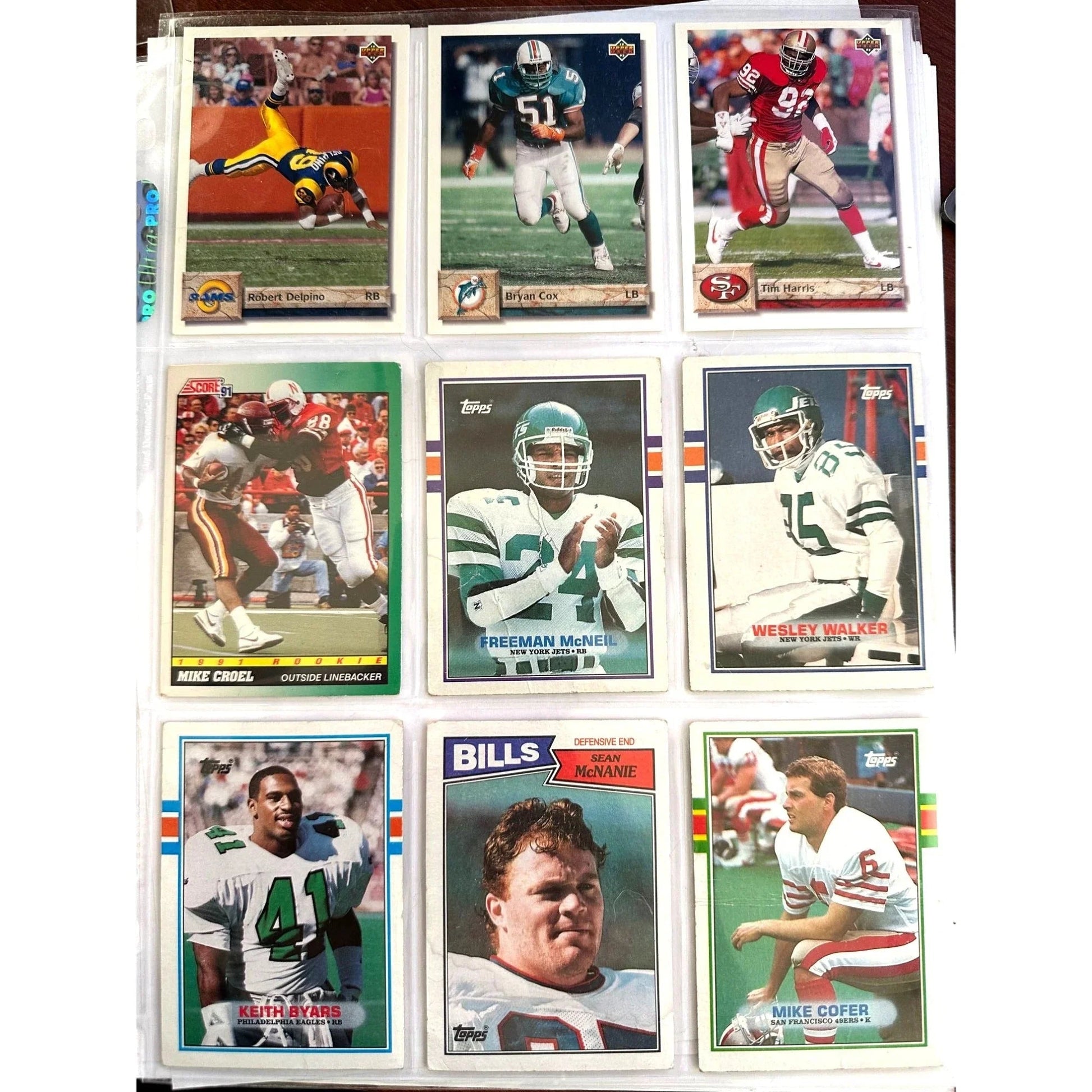NFL Footbal Trading Cards - Various Years & Brands - 4 Binder Pages (front & back) - Upper Deck, Topps, Score, NFL Pro Set - Sports Collectibles - A+ Stuff