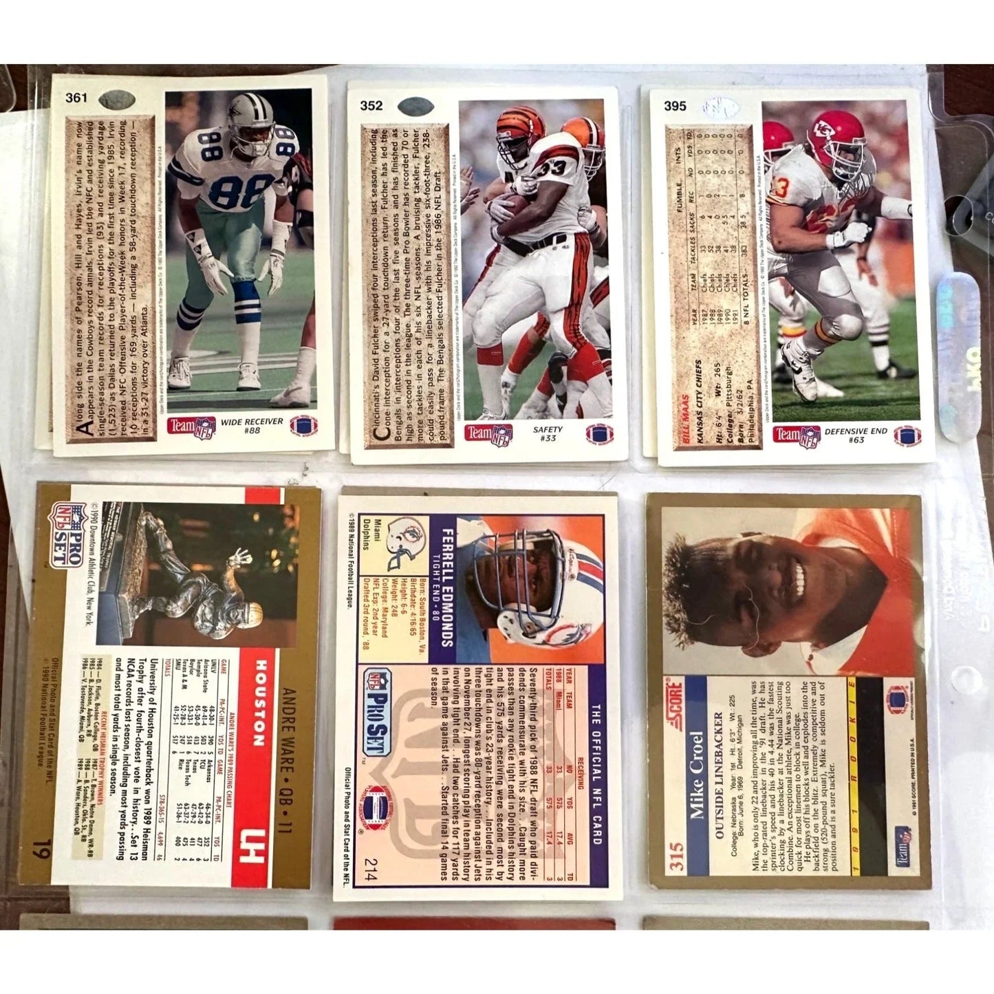 NFL Footbal Trading Cards - Various Years & Brands - 4 Binder Pages (front & back) - Upper Deck, Topps, Score, NFL Pro Set - Sports Collectibles - A+ Stuff