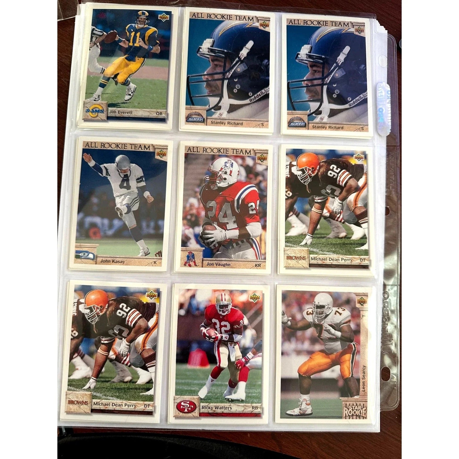NFL Footbal Trading Cards - Various Years & Brands - 4 Binder Pages (front & back) - Upper Deck, Topps, Score, NFL Pro Set - Sports Collectibles - A+ Stuff