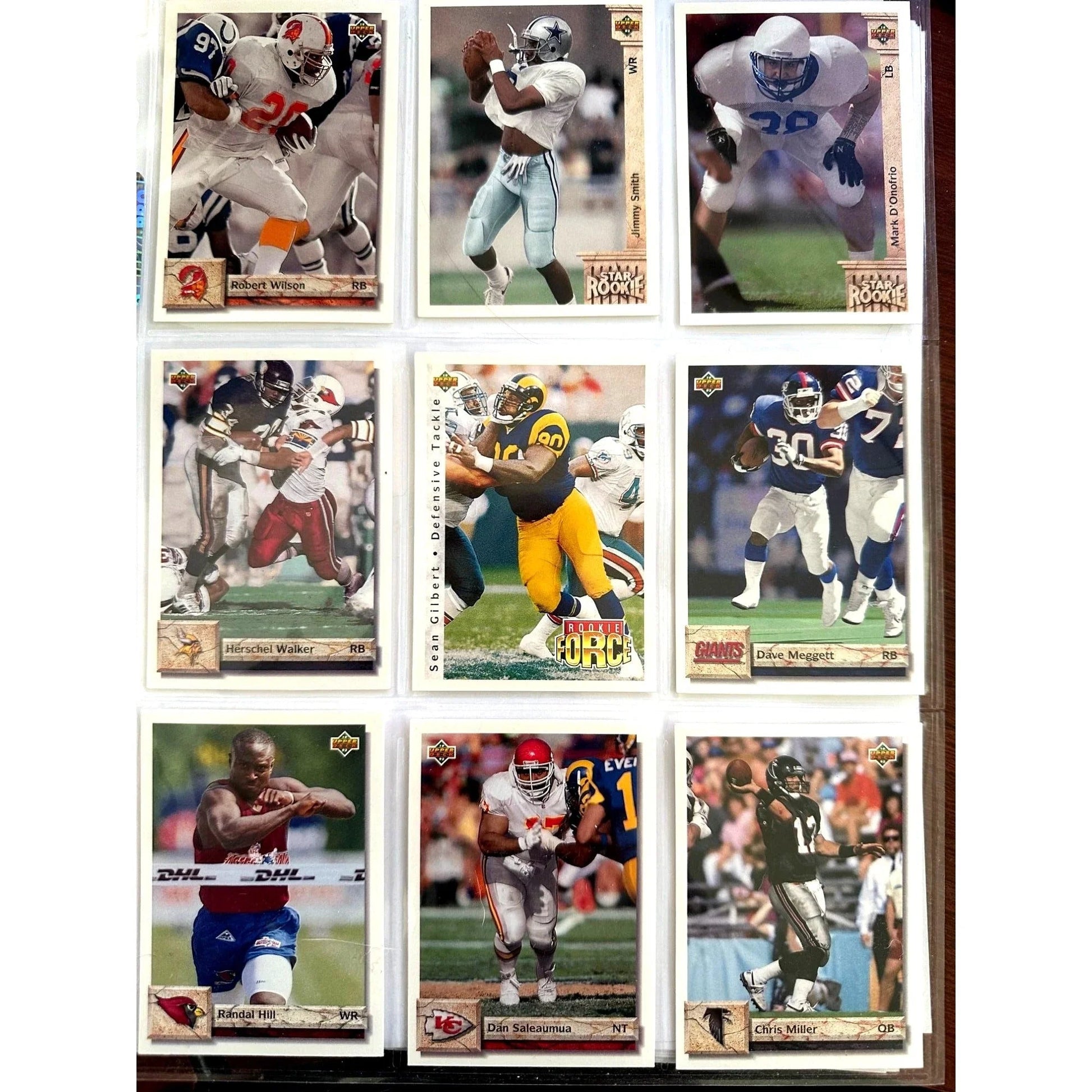 NFL Footbal Trading Cards - Various Years & Brands - 4 Binder Pages (front & back) - Upper Deck, Topps, Score, NFL Pro Set - Sports Collectibles - A+ Stuff