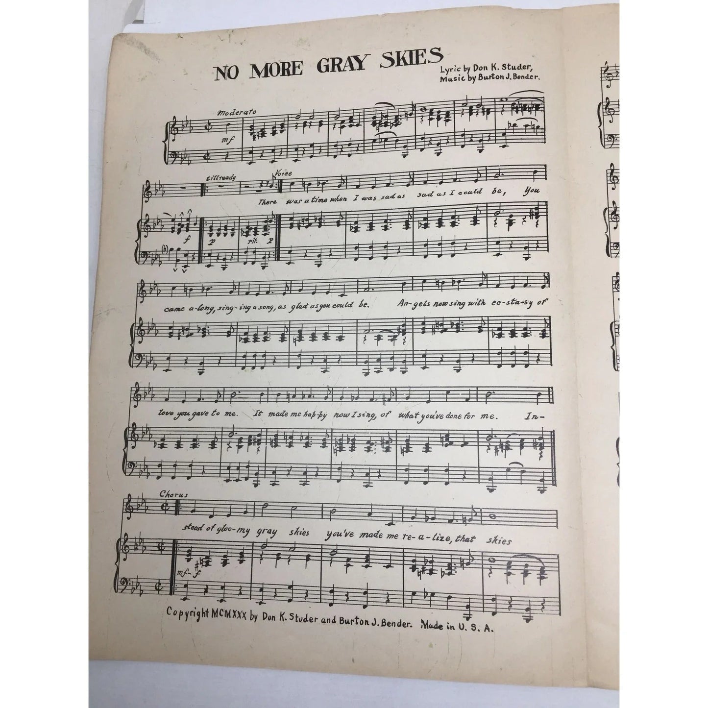 ''No More Gray Skies'' by Don K Studer and Burton J Bender - A+ Stuff - SHEET MUSIC - A+ Stuff