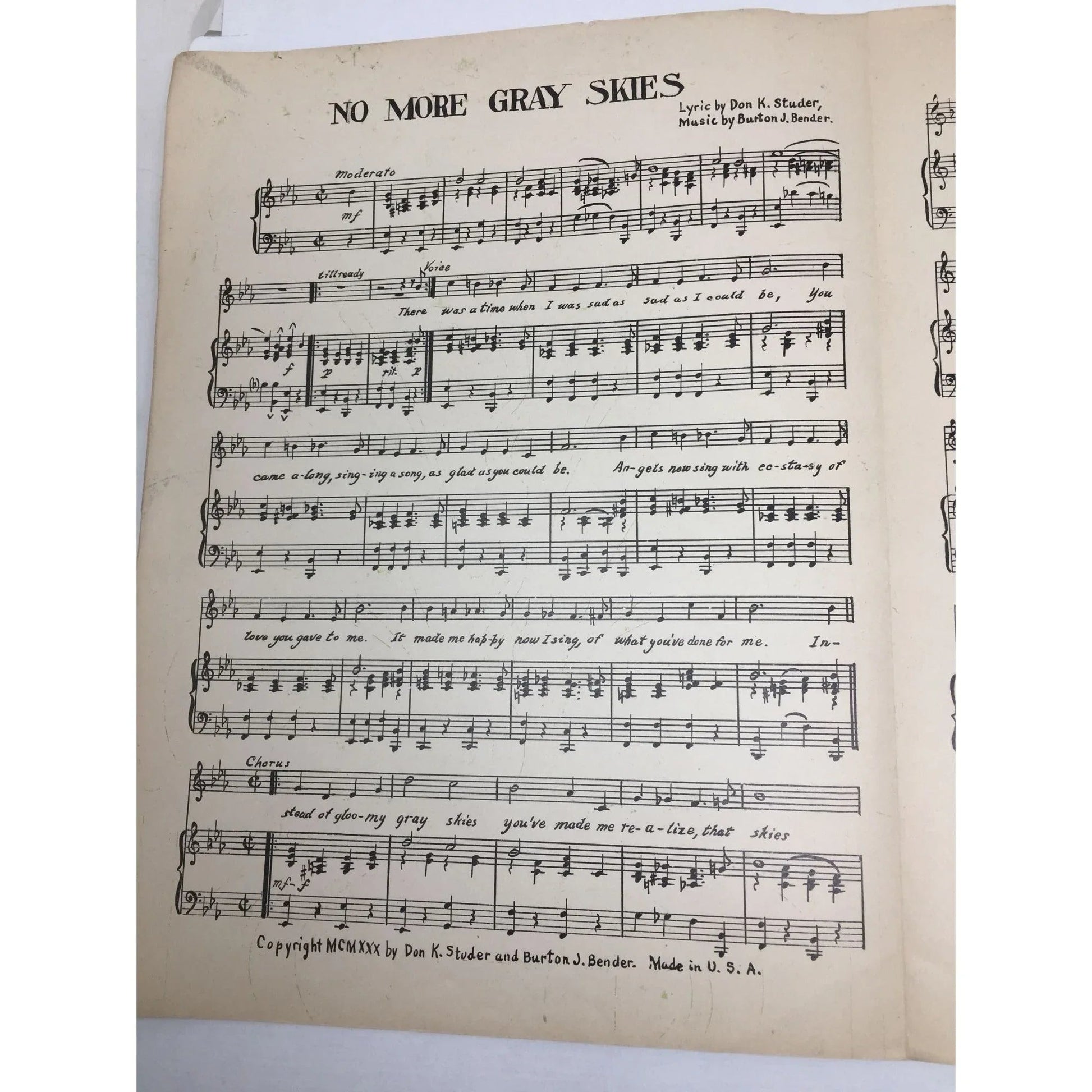 ''No More Gray Skies'' by Don K Studer and Burton J Bender - A+ Stuff - SHEET MUSIC - A+ Stuff