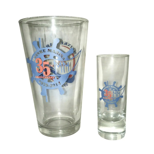MEINKE MARINA Anniversary Glass & Shot Glass 1979-2014 - Cocktail Glass Set Souvenir CURTICE OHIO Meinke Marina