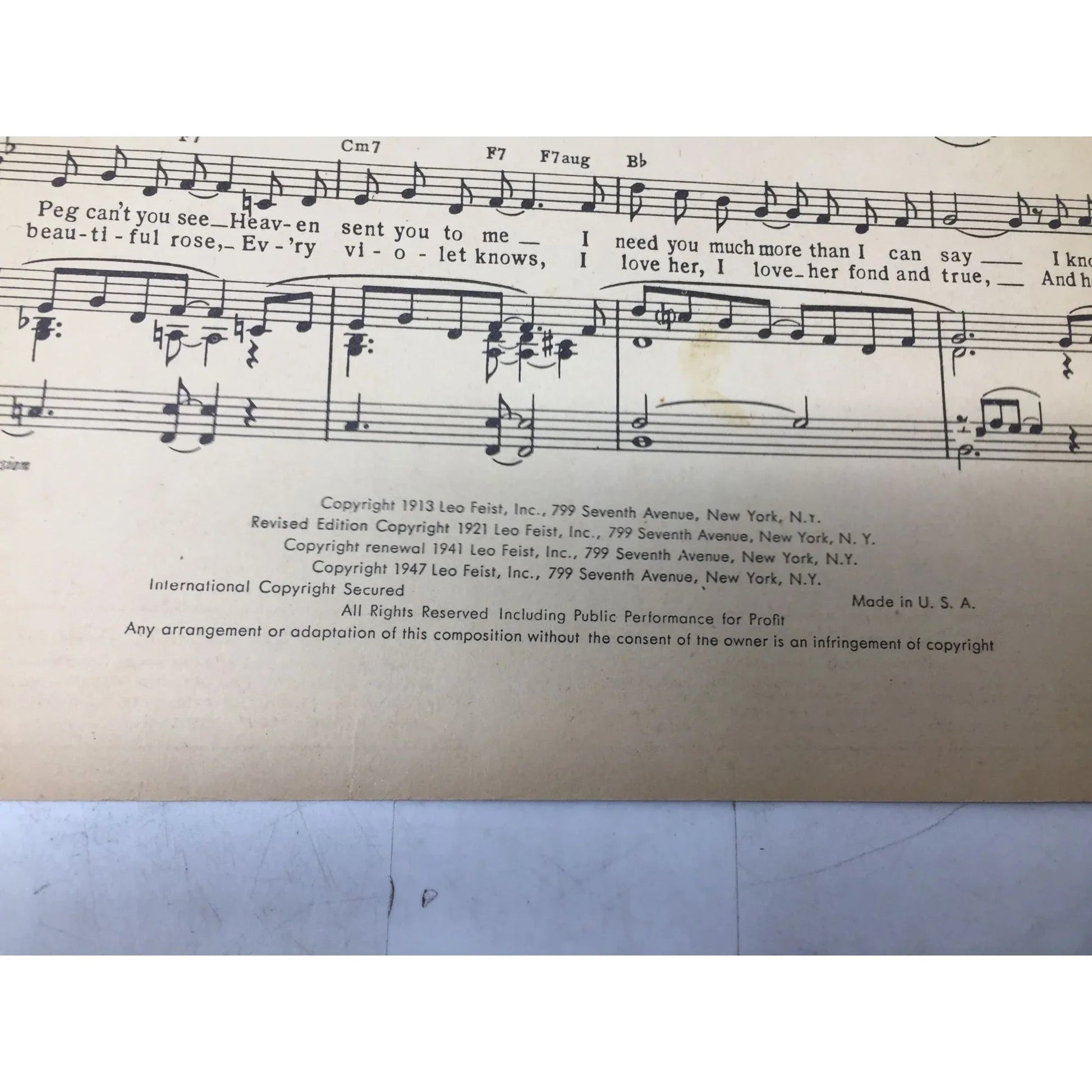 PEG O' MY HEART Words by Alfred Bryan and Music by Fred Fisher - A+ Stuff - SHEET MUSIC - A+ Stuff