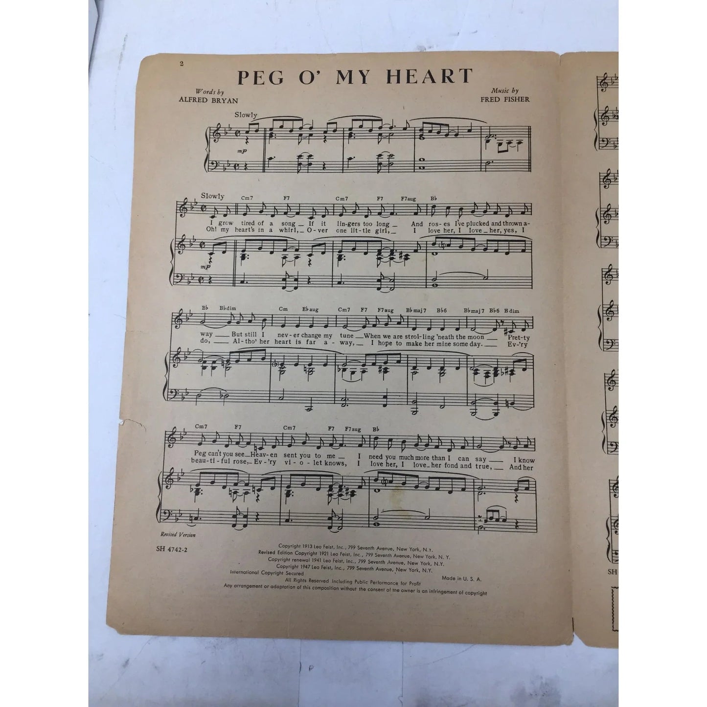 PEG O' MY HEART Words by Alfred Bryan and Music by Fred Fisher - A+ Stuff - SHEET MUSIC - A+ Stuff