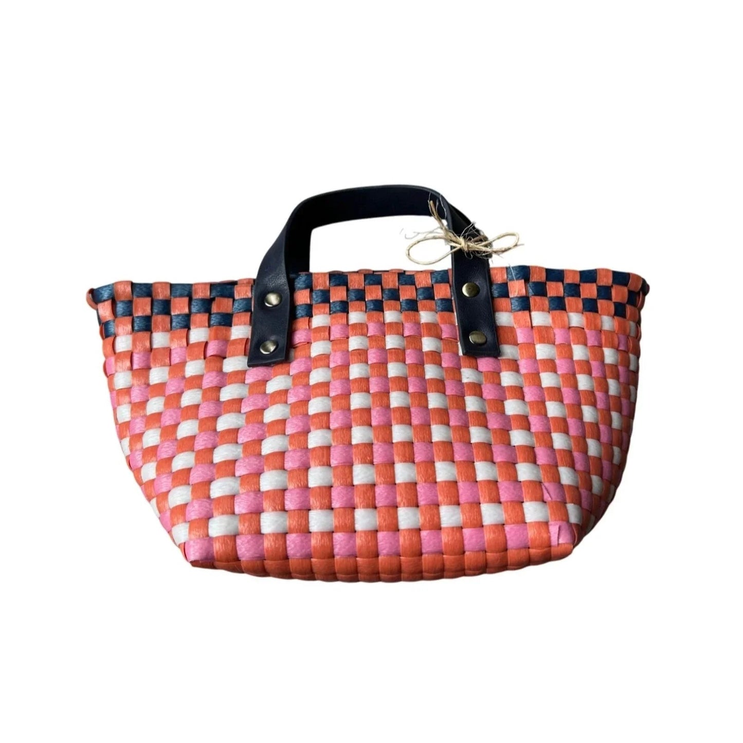 Pink and Orange Anthropologie Mini Woven Tote with Black Handles - Anthropologie - tote bag - A+ Stuff