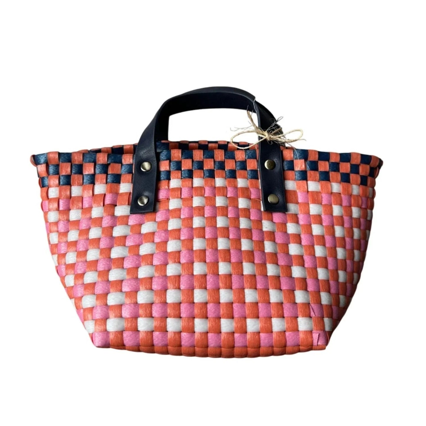 Pink and Orange Anthropologie Mini Woven Tote with Black Handles - Anthropologie - tote bag - A+ Stuff