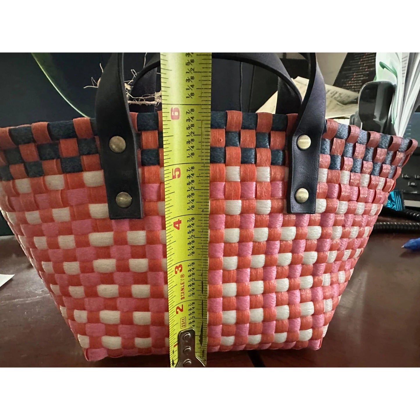 Pink and Orange Anthropologie Mini Woven Tote with Black Handles - Anthropologie - tote bag - A+ Stuff