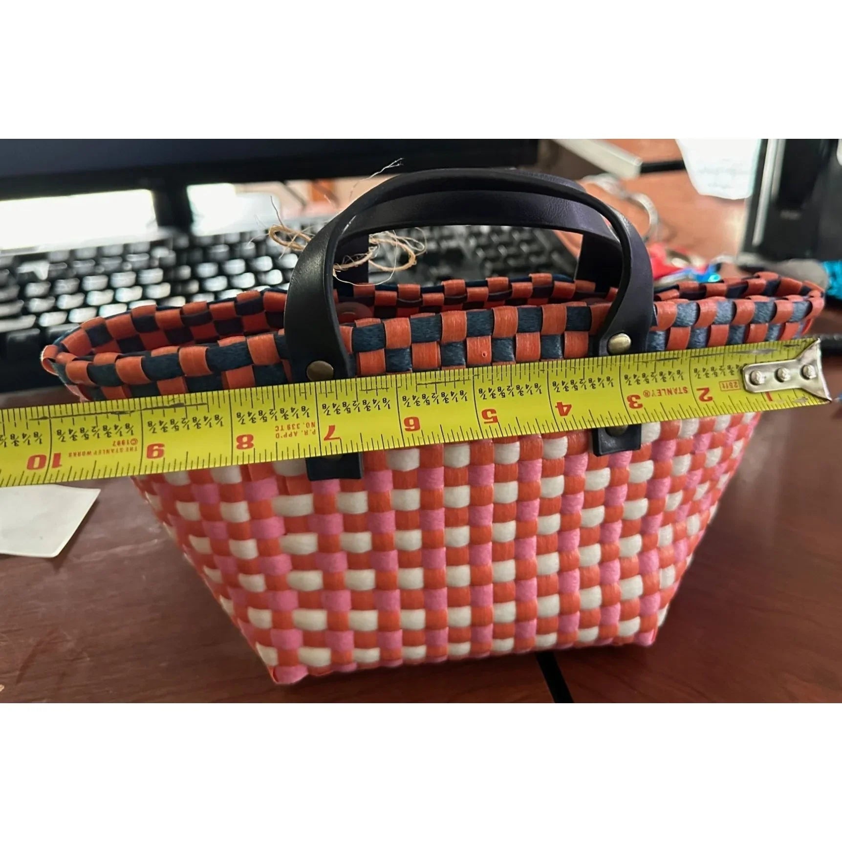 Pink and Orange Anthropologie Mini Woven Tote with Black Handles - Anthropologie - tote bag - A+ Stuff