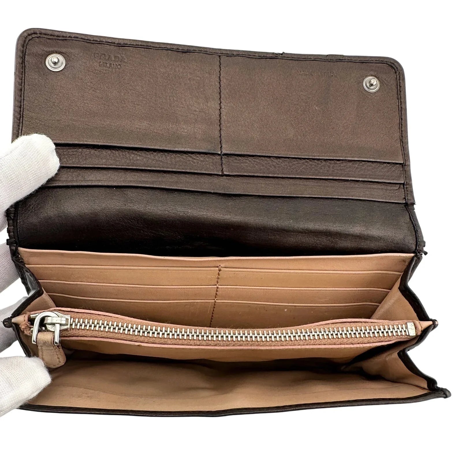 Prada Metallic Brown Wave Leather Flap Continental Wallet - PRADA - Long Wallet - A+ Stuff