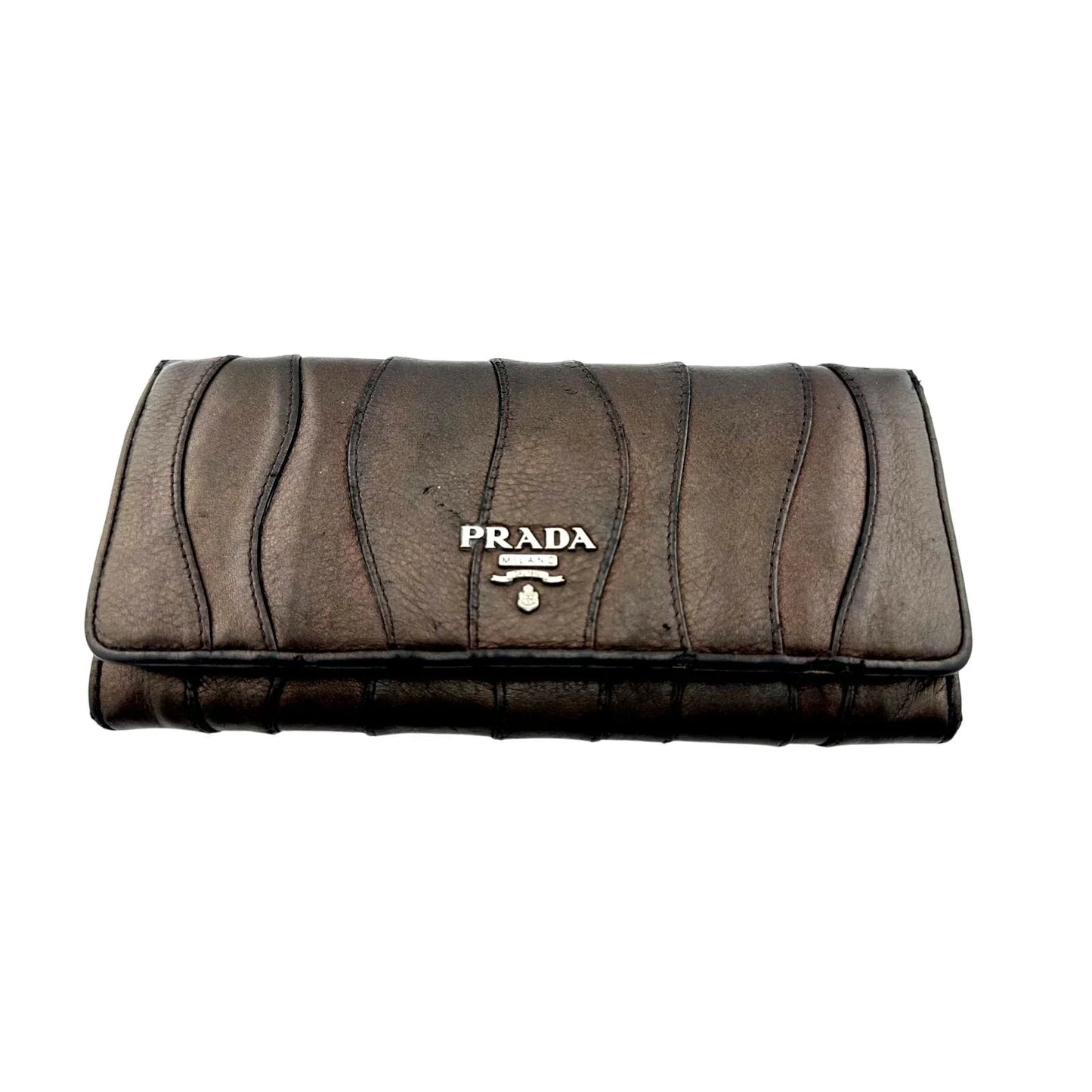 Prada Metallic Brown Wave Leather Flap Continental Wallet - PRADA - Long Wallet - A+ Stuff
