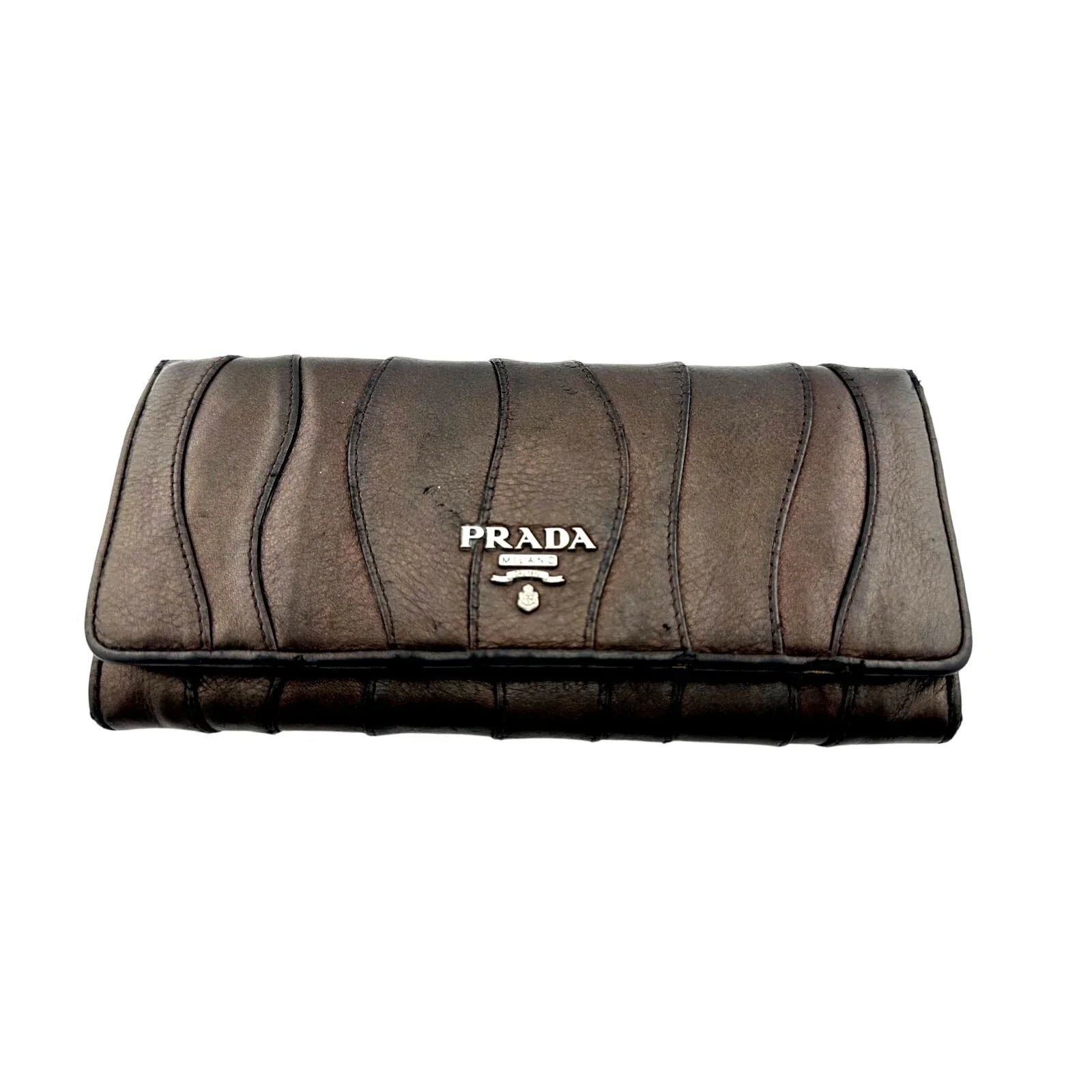 Prada Metallic Brown Wave Leather Flap Continental Wallet - PRADA - Long Wallet - A+ Stuff