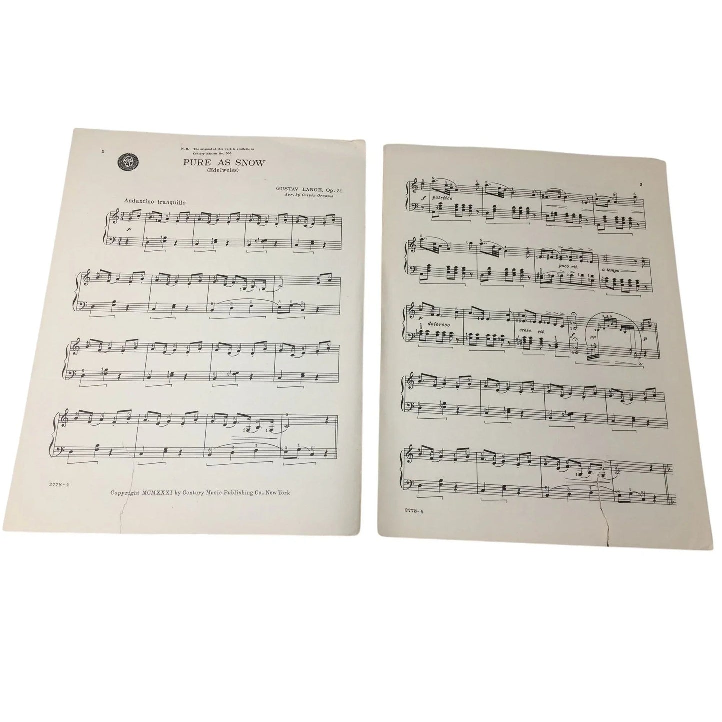''PURE AS SNOW'' (EDELWEISS) OP. 31 LANGE NO. 2778 - A+ Stuff - SHEET MUSIC - A+ Stuff