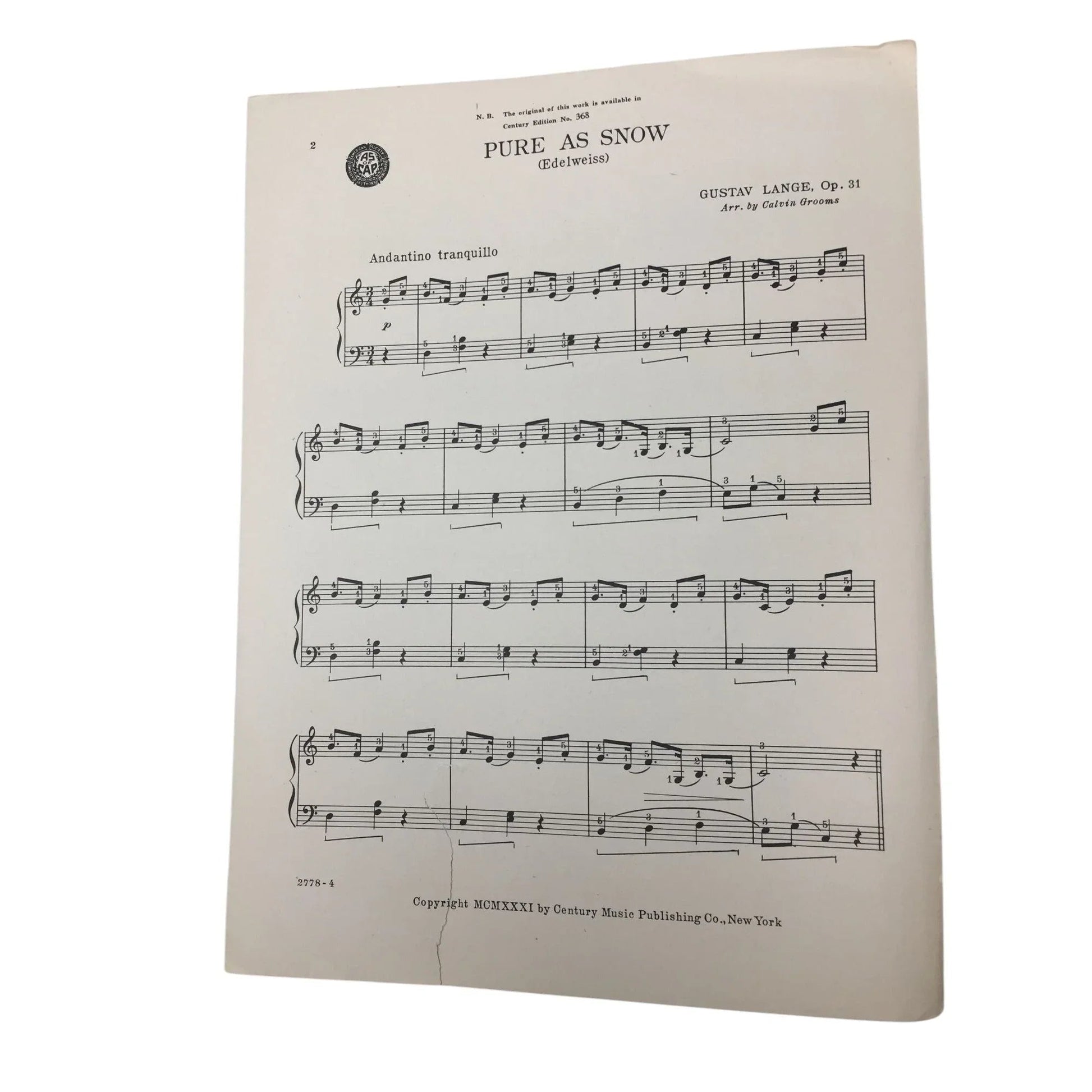 ''PURE AS SNOW'' (EDELWEISS) OP. 31 LANGE NO. 2778 - A+ Stuff - SHEET MUSIC - A+ Stuff