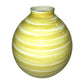 Round ceramic vase with yellow and white horizontal stripes on a white background