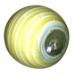 Round glass vase with yellow and white swirl stripes, glossy finish, seen from base
