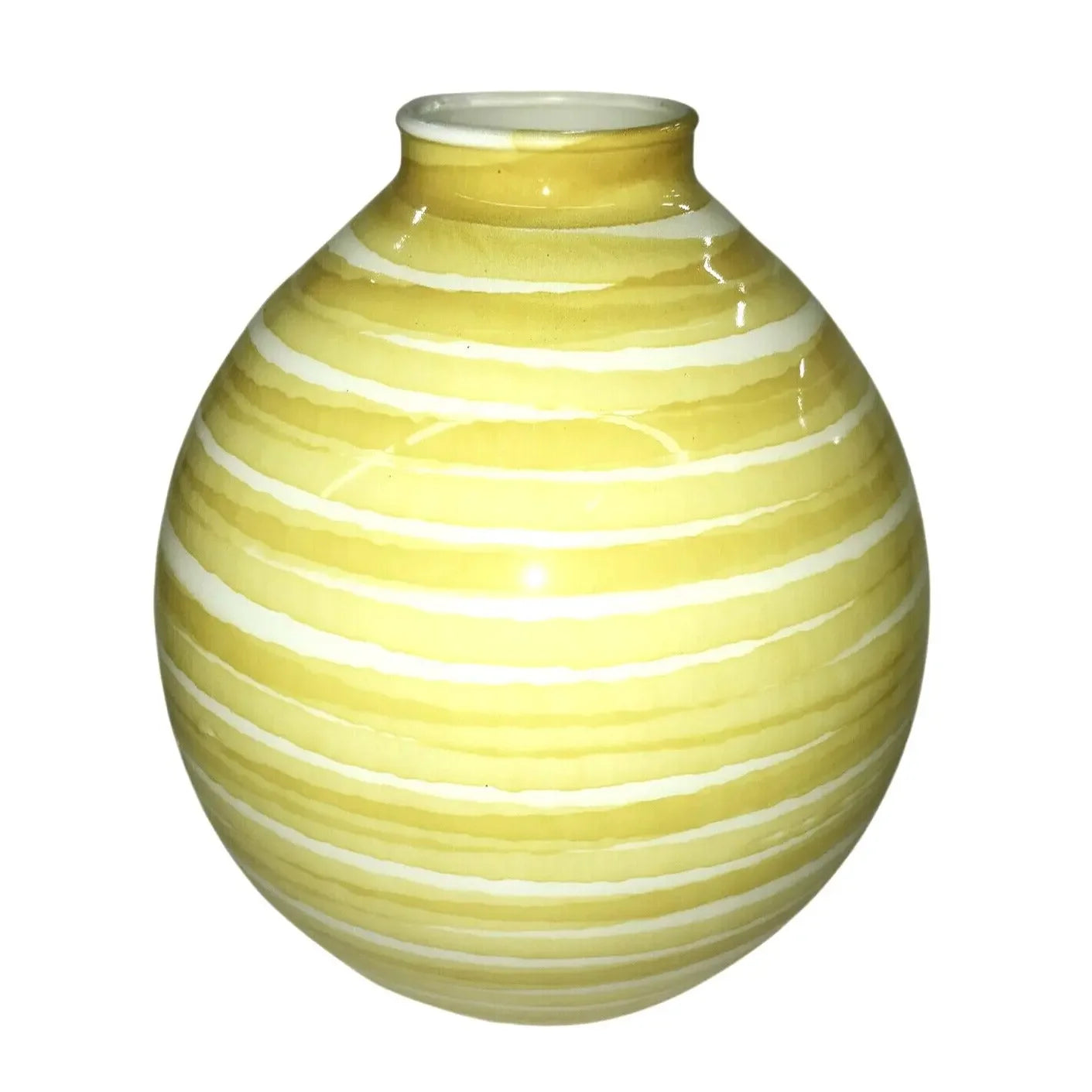 Round yellow and white striped ceramic vase on white background