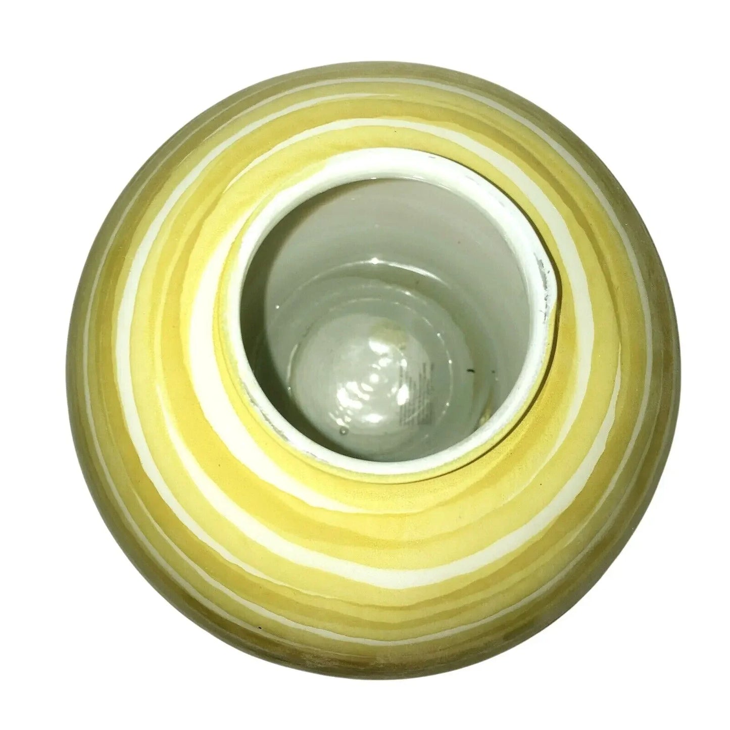 Top view of a round ceramic vase with yellow and white striped pattern