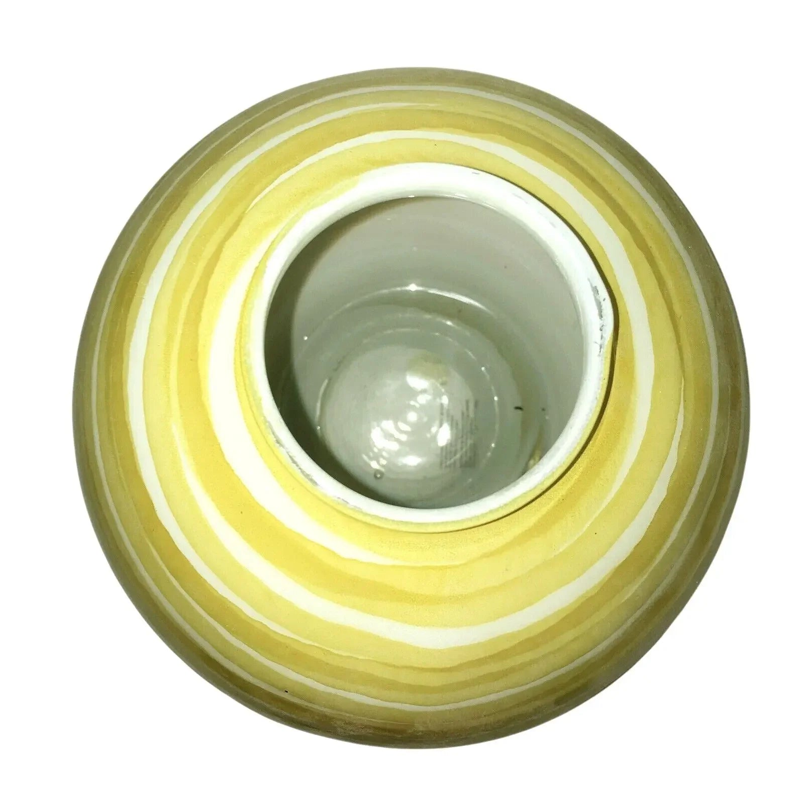 Top view of a round ceramic vase with yellow and white striped pattern