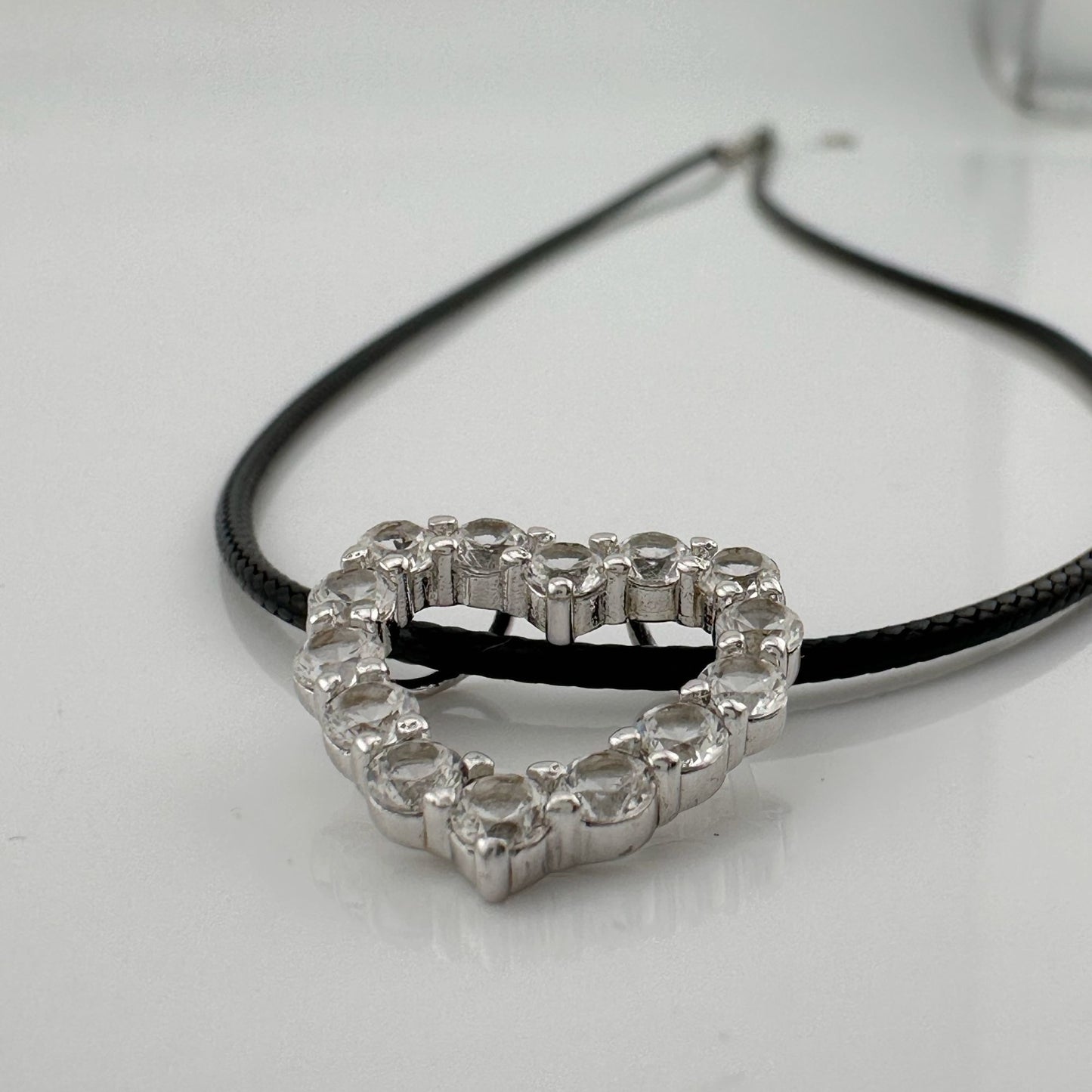 2.5 Lab Created Carat White Sapphire Heart Necklace on Back Leather Cable Band