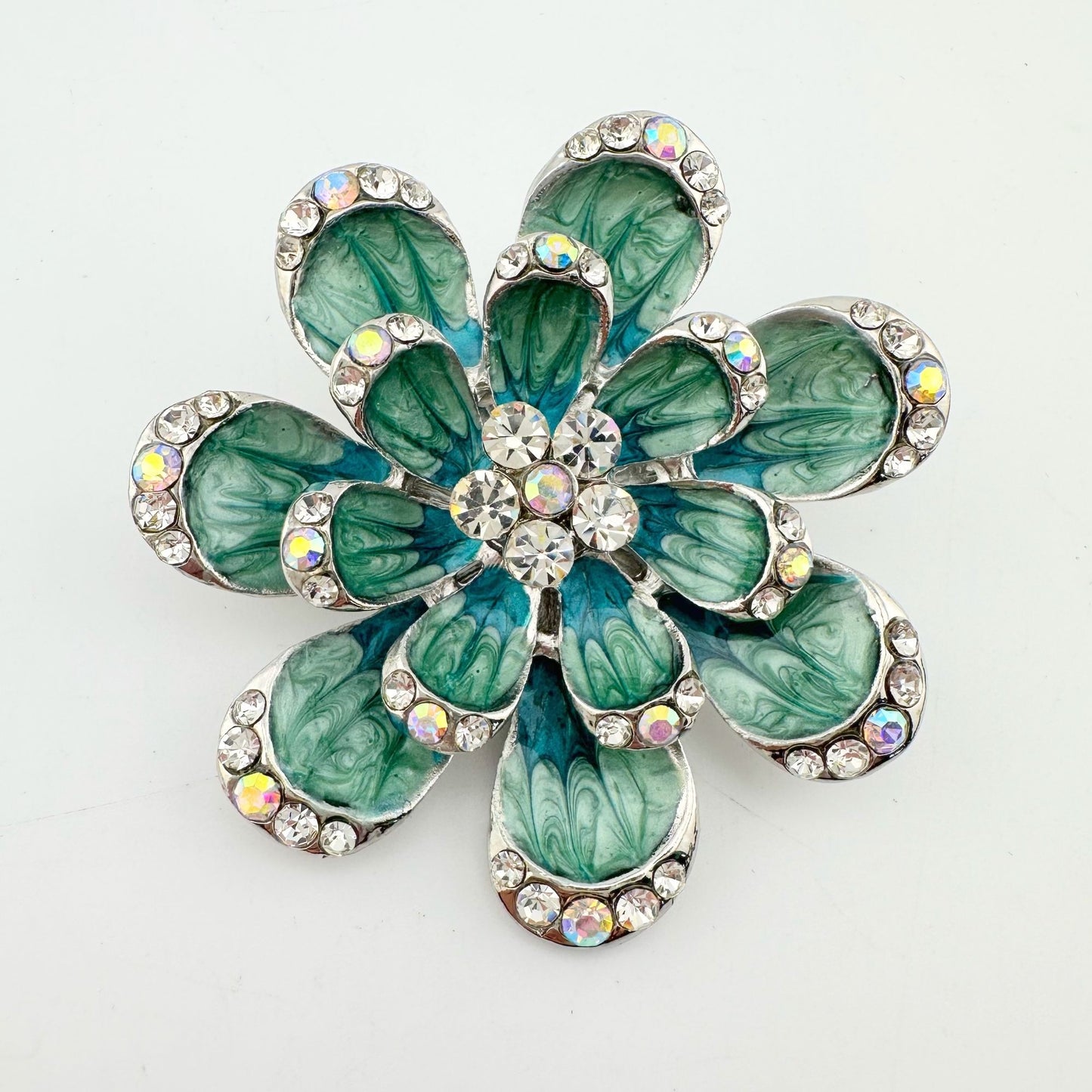 Shimmering Blue Green Peacock Crystal Flower Brooch