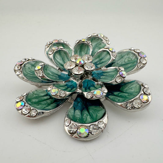 Shimmering Blue Green Peacock Crystal Flower Brooch