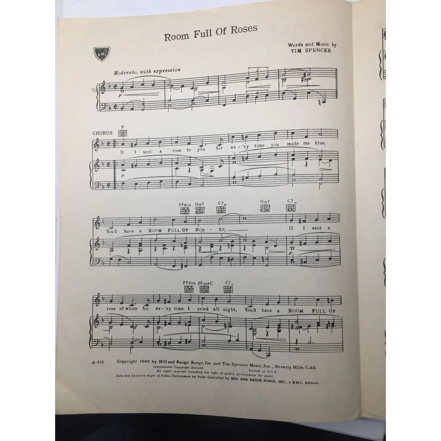 Room Full Of Roses 1949 Vintage Sheet Music by Tim Spencer - A+ Stuff - SHEET MUSIC - A+ Stuff