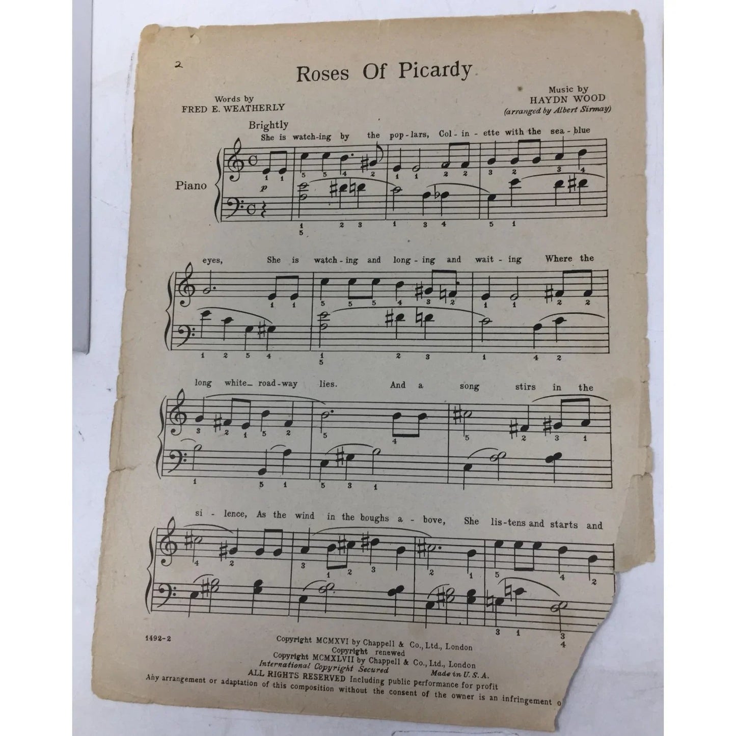 ''Roses Of Picardy'' by Hadyn Wood/Fred E Weatherly Vintage Sheet Music - A+ Stuff - sheet music - A+ Stuff