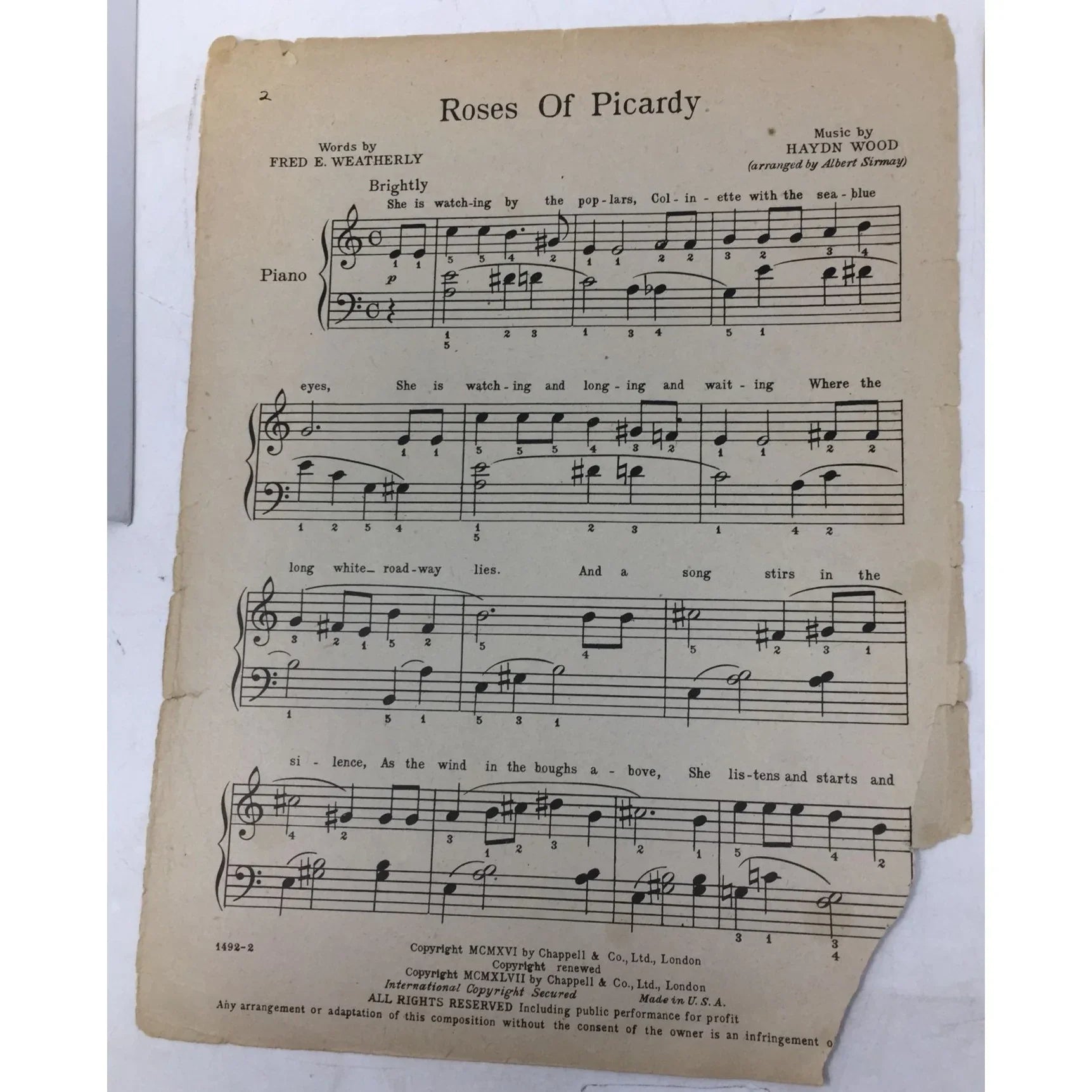 ''Roses Of Picardy'' by Hadyn Wood/Fred E Weatherly Vintage Sheet Music - A+ Stuff - sheet music - A+ Stuff