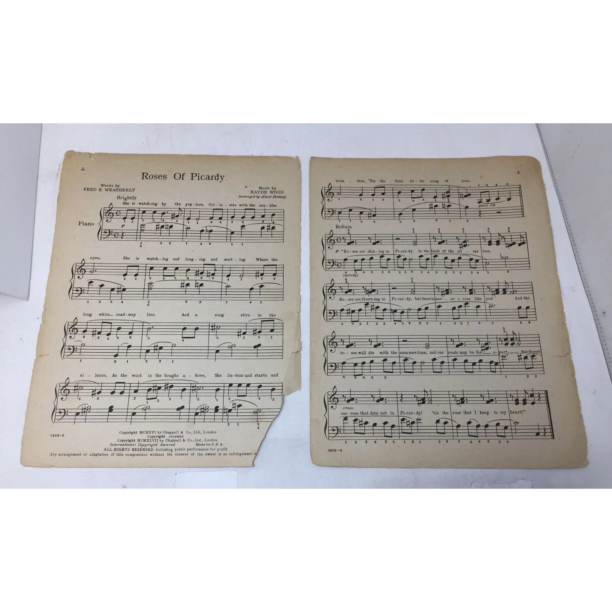 ''Roses Of Picardy'' by Hadyn Wood/Fred E Weatherly Vintage Sheet Music - A+ Stuff - sheet music - A+ Stuff