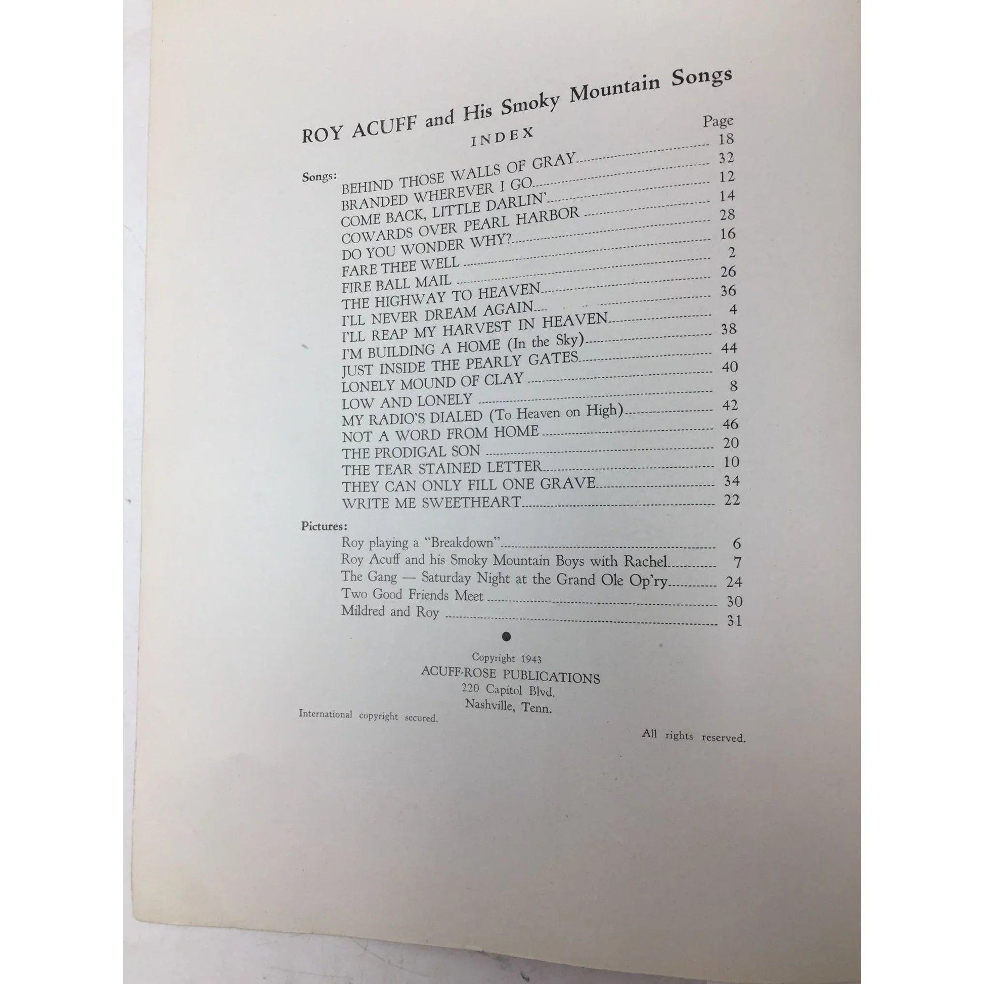 ''Roy Acuff and his Smoky Mountain Songs'' Vintage sheet music - A+ Stuff - SHEET MUSIC - A+ Stuff
