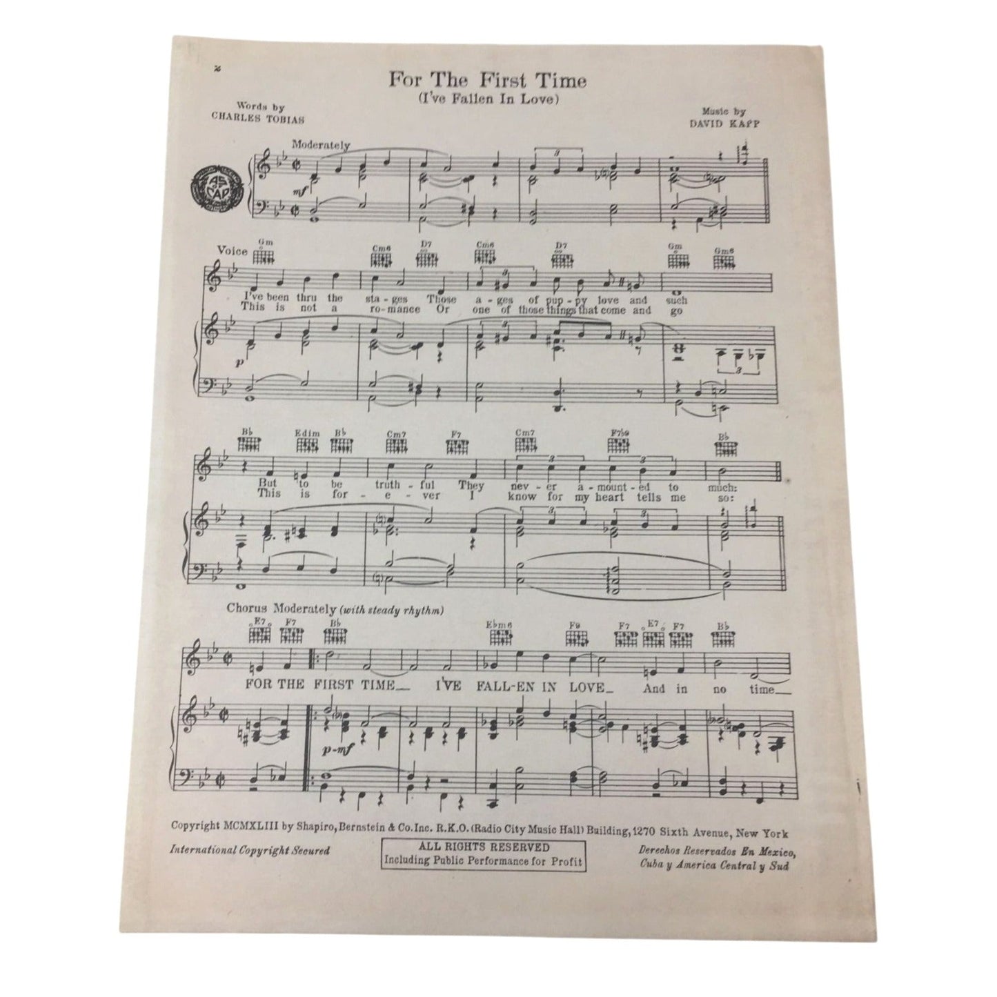 Original 1943 Sheet Music for the Song "For The First Time (I've Fallen In Love)." unbranded  A+ Stuff Sheet Music