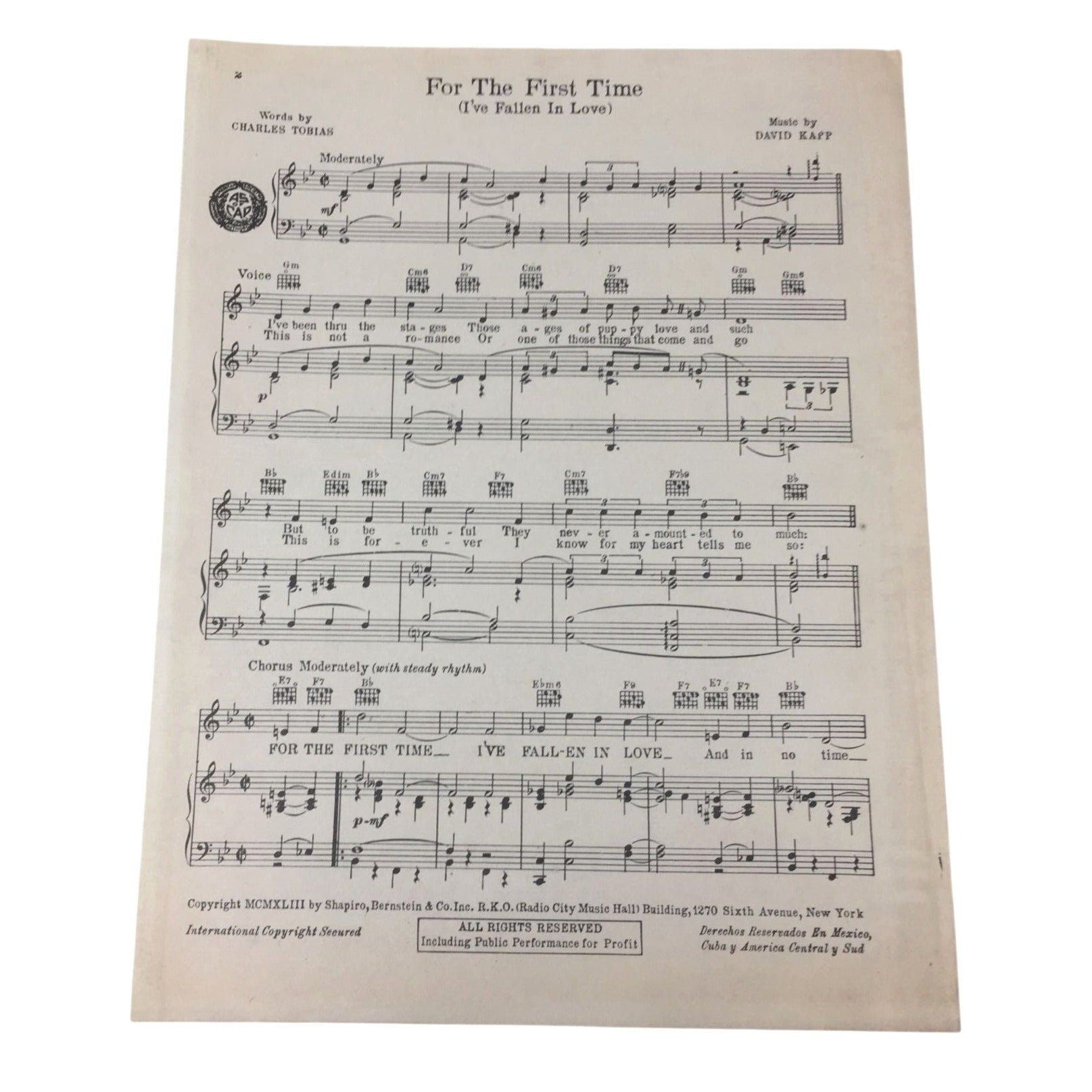 Original 1943 Sheet Music for the Song "For The First Time (I've Fallen In Love)." unbranded  A+ Stuff Sheet Music