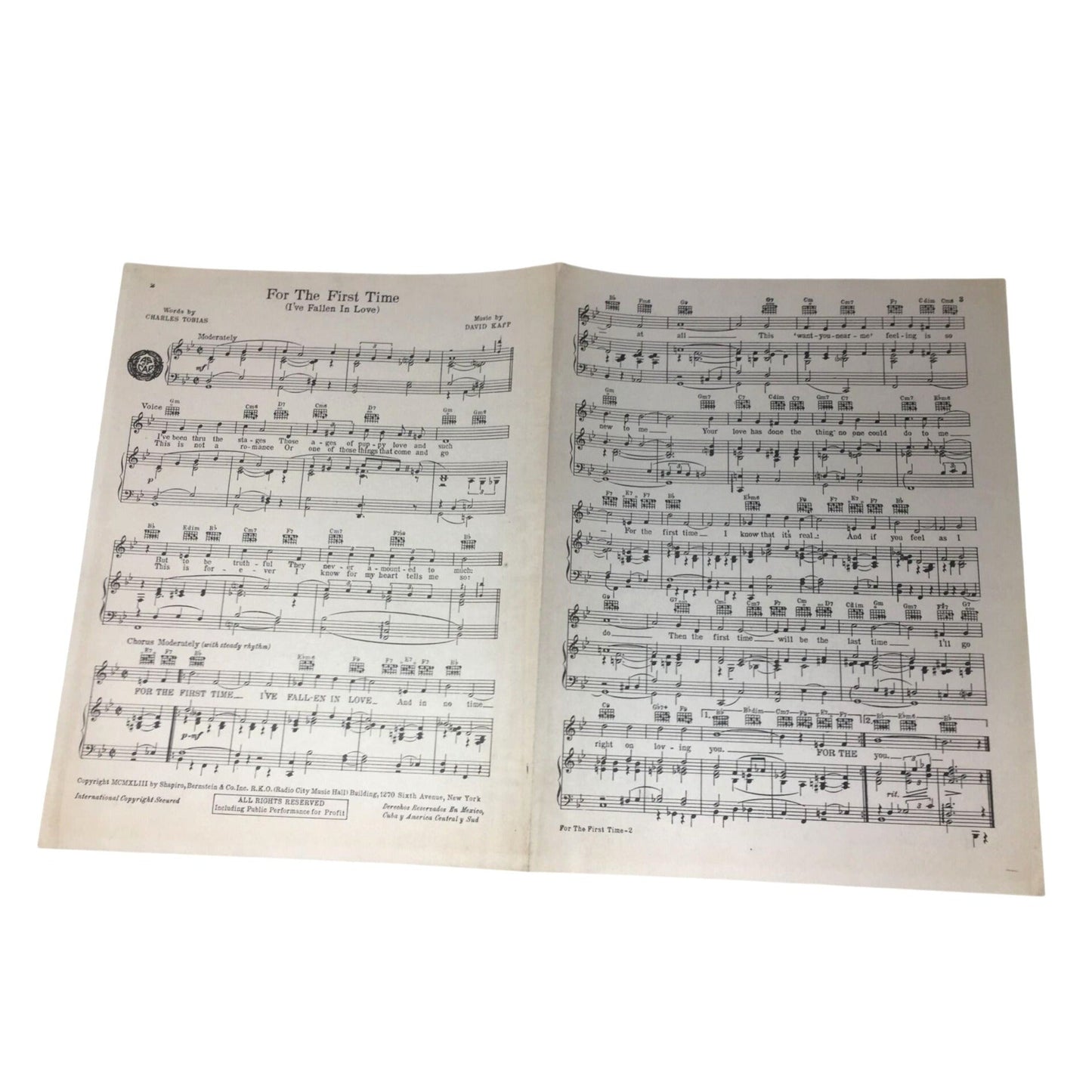 Original 1943 Sheet Music for the Song "For The First Time (I've Fallen In Love)." unbranded  A+ Stuff Sheet Music
