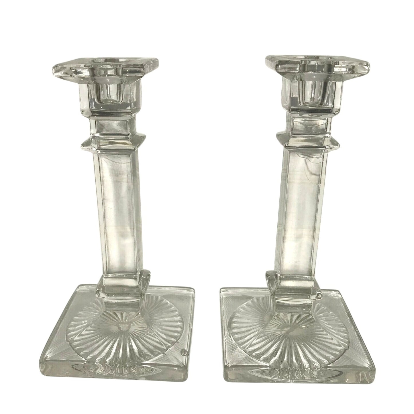 Westmoreland Antique Column Style Etched Glass Candlestick Holders Sun Burst at Base