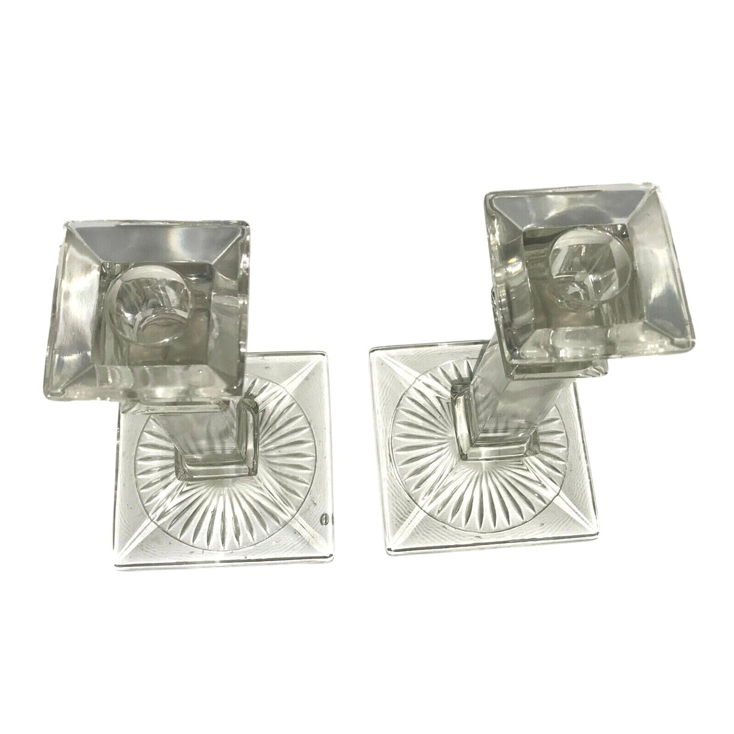 Westmoreland Antique Column Style Etched Glass Candlestick Holders Sun Burst at Base