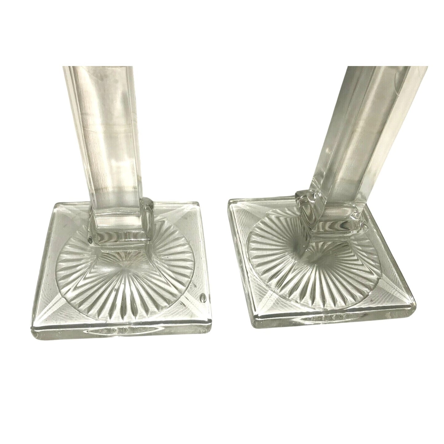 Westmoreland Antique Column Style Etched Glass Candlestick Holders Sun Burst at Base