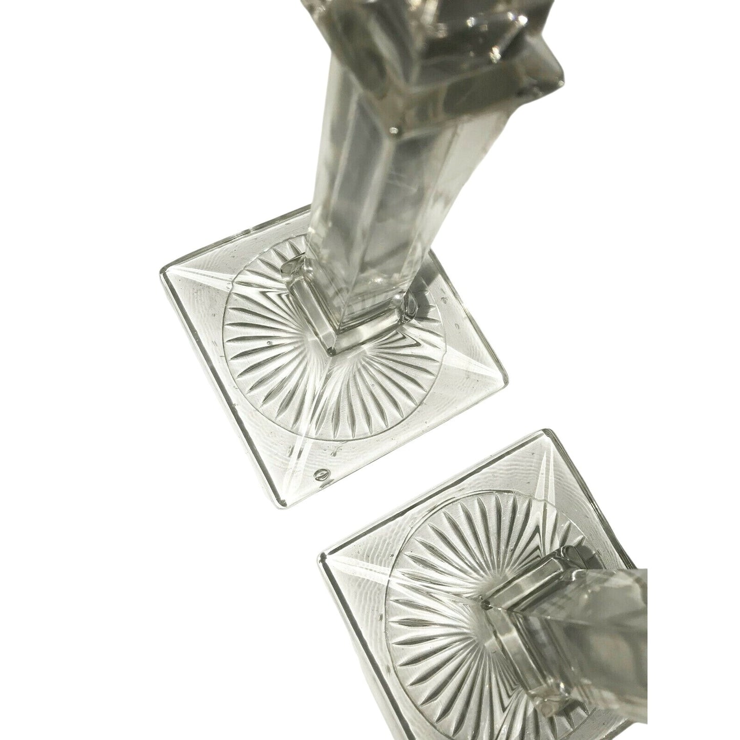 Westmoreland Antique Column Style Etched Glass Candlestick Holders Sun Burst at Base