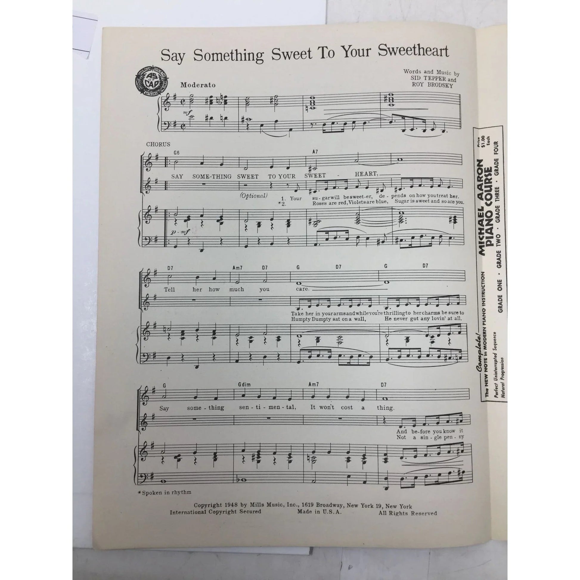 ''Say something sweet to your sweetheart'' by Sid Tepper/Roy Brodsky - A+ Stuff - SHEET MUSIC - A+ Stuff