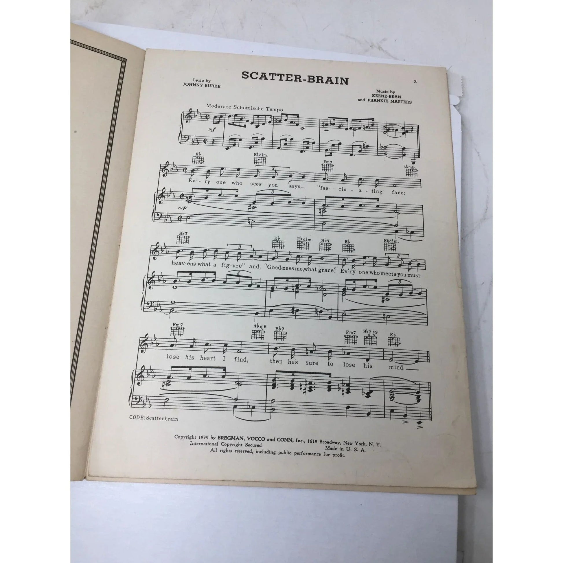 ''SCATTER - BRAIN'' BY JOHNNY BURKE, KEENE - BEAN AND FRANKIE MASTERS - A+ Stuff - SHEET MUSIC - A+ Stuff
