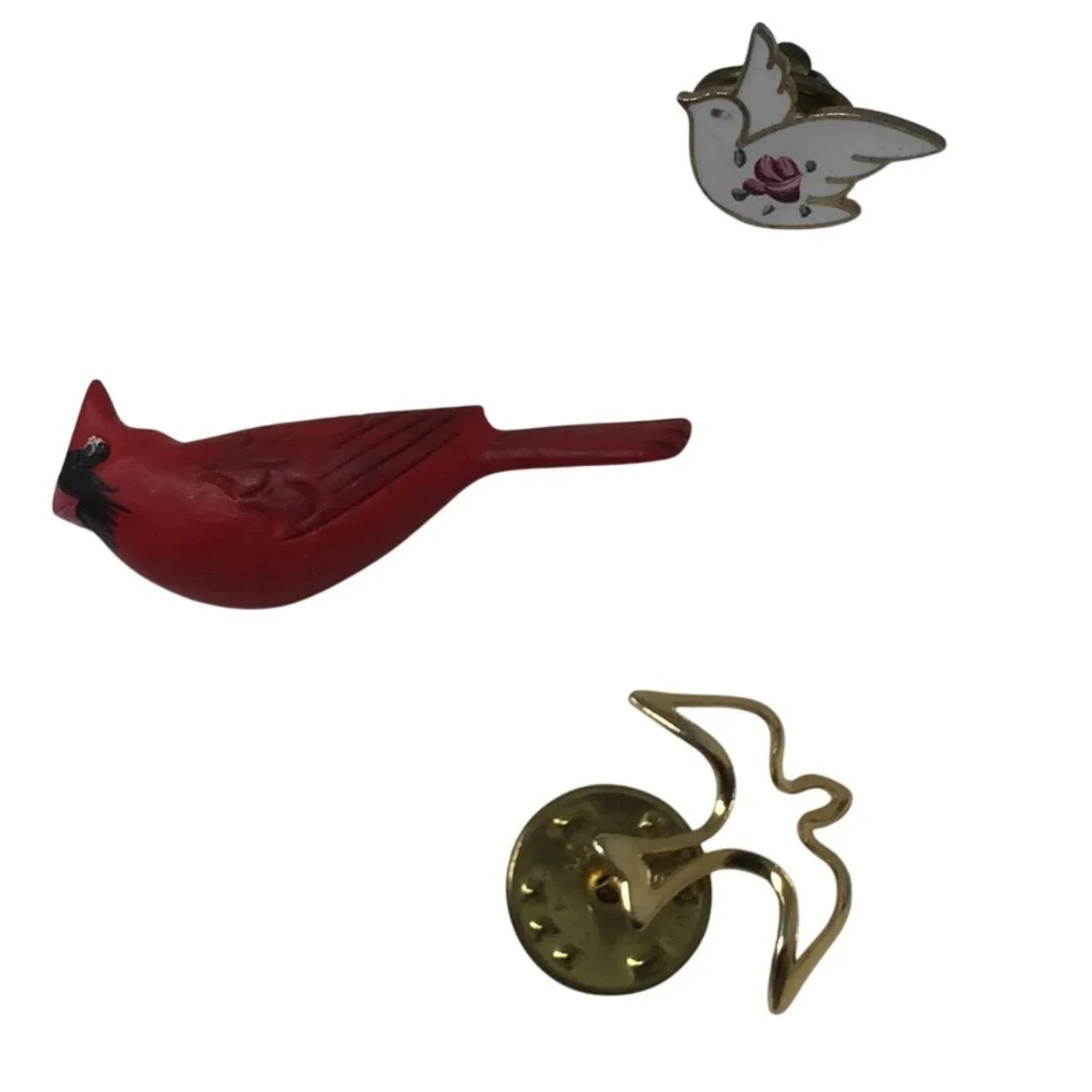 Set of 3 Vintage Bird Lapel Pins - 1 Cardinal, 1 Gold Tone Dove and 1 White Dove - A+ Stuff - pin - A+ Stuff
