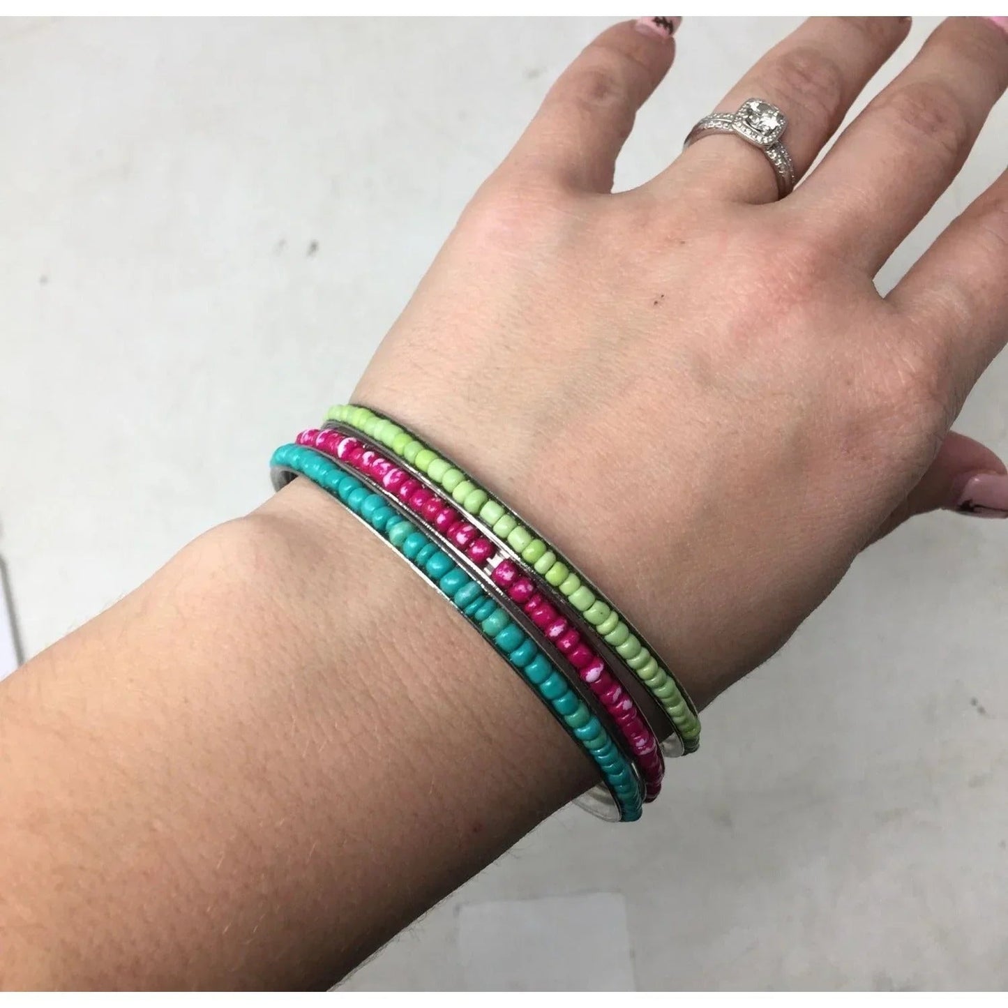 Set of 3 Women's Thin Metal Bracelets with Beads (Pink, Blue, green) - A+ Stuff - Bracelet - A+ Stuff