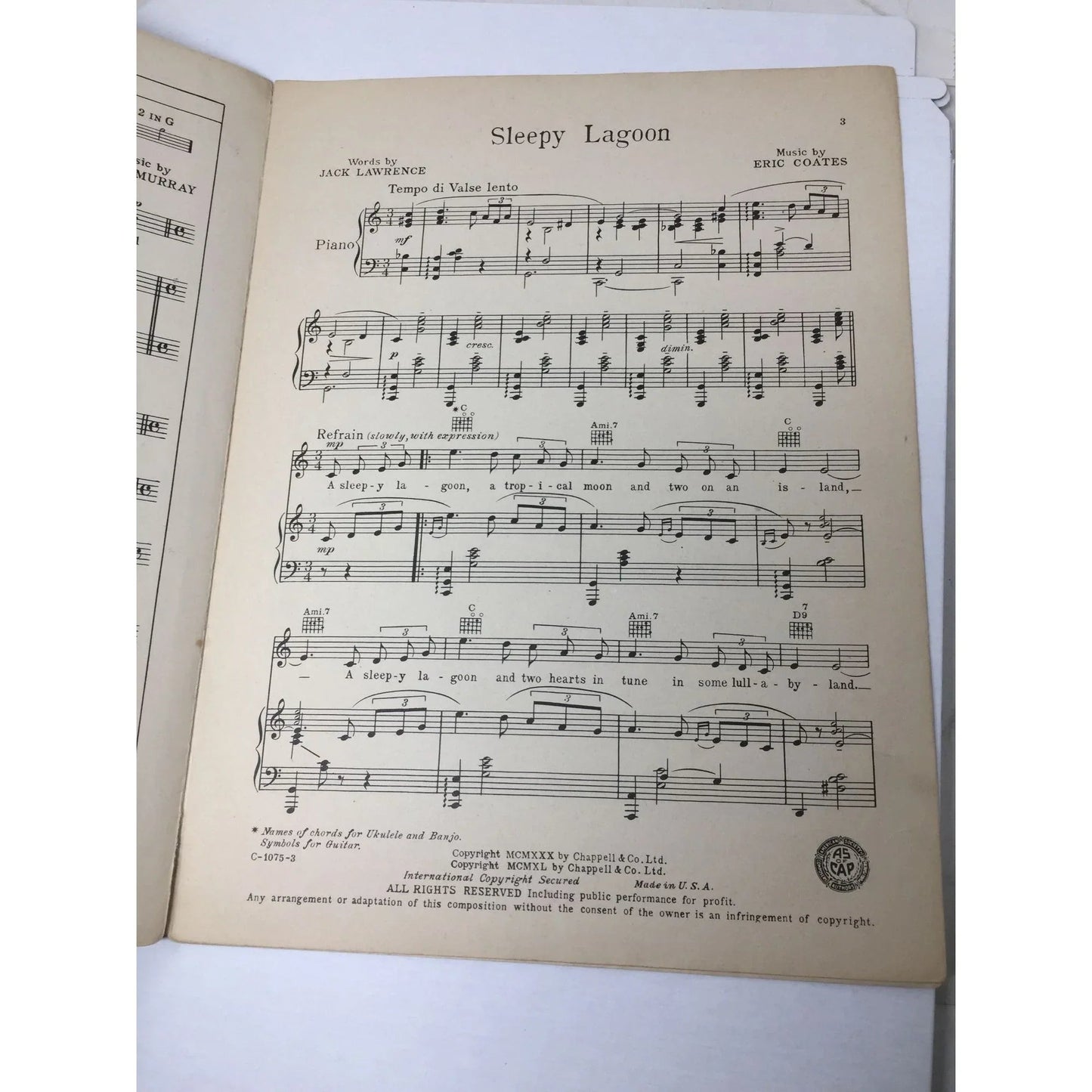 ''SLEEPY LAGOON'' by Jack Lawrence and Eric Coates - A+ Stuff - Sheet Music - A+ Stuff